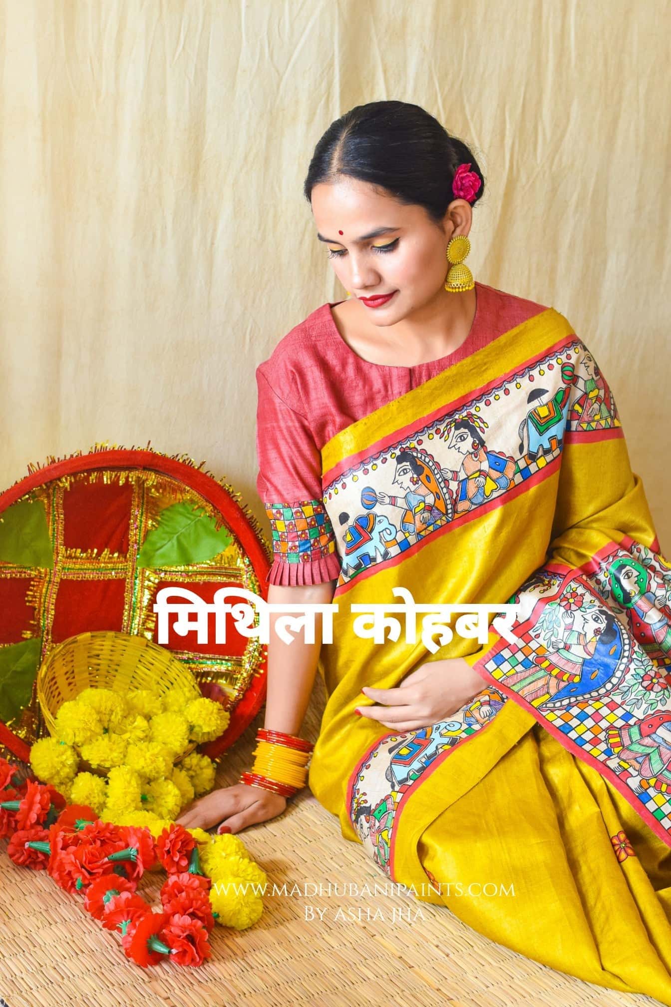 MITHILA KOHBAR" Hand Painted Madhubani Tussar Silk Blouse — image 3 of 5