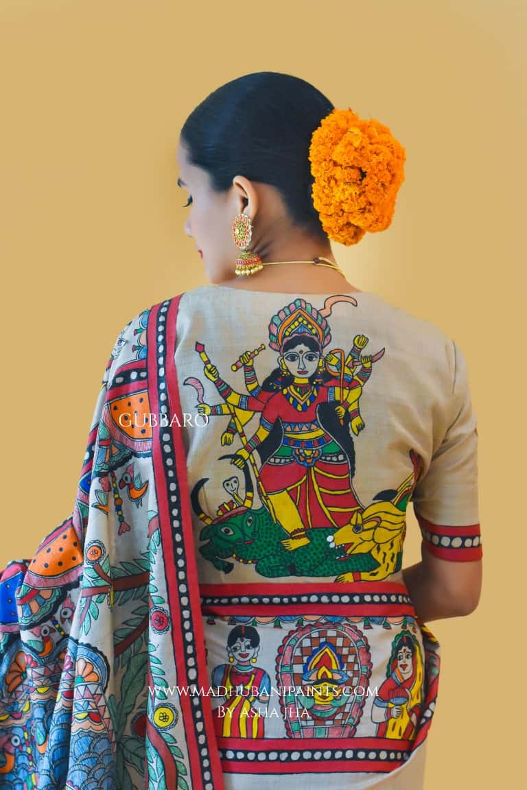 'SHAKTI' Handpainted Madhubani Tussar Silk Saree — image 5 of 10