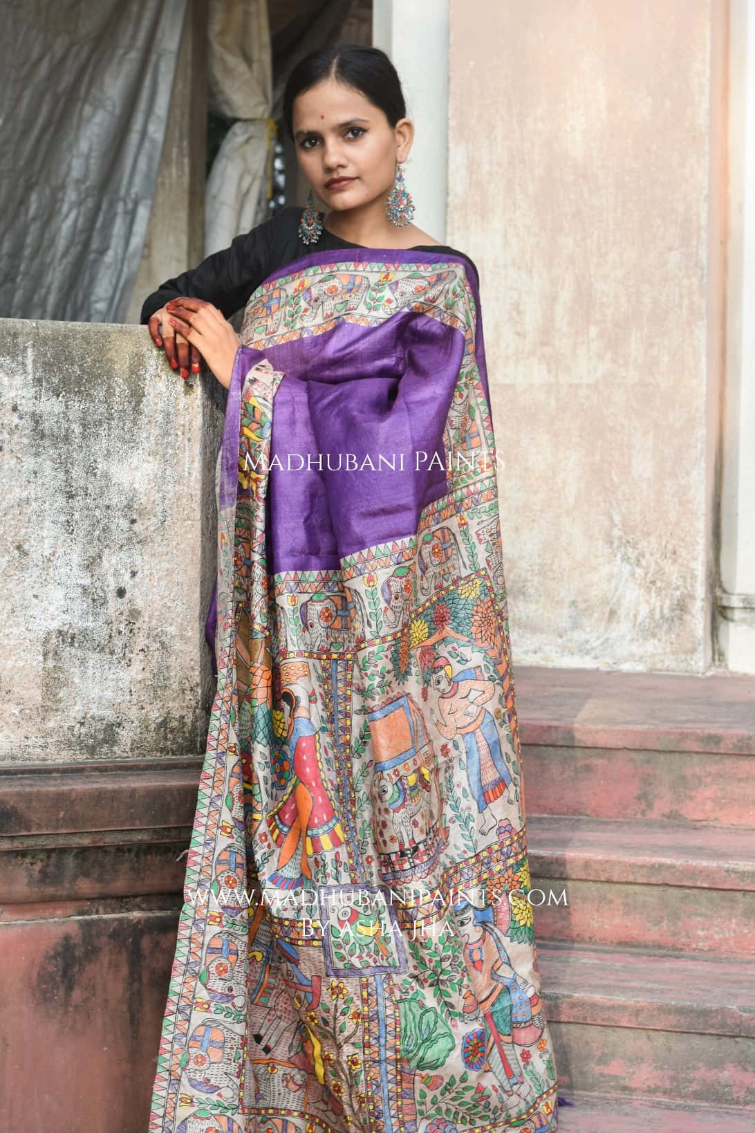Gaon Ghaar Madhubani Hand-painted Tussar Silk Saree — image 5 of 7