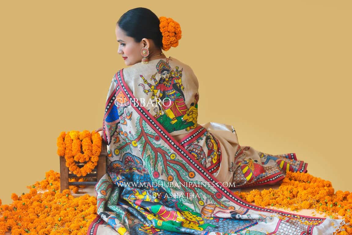 'SHAKTI' Handpainted Madhubani Tussar Silk Saree — image 8 of 10