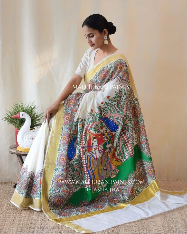 'VRINDAVAN KRISHNA' Handpainted Madhubani Cotton Saree — image 2 of 7