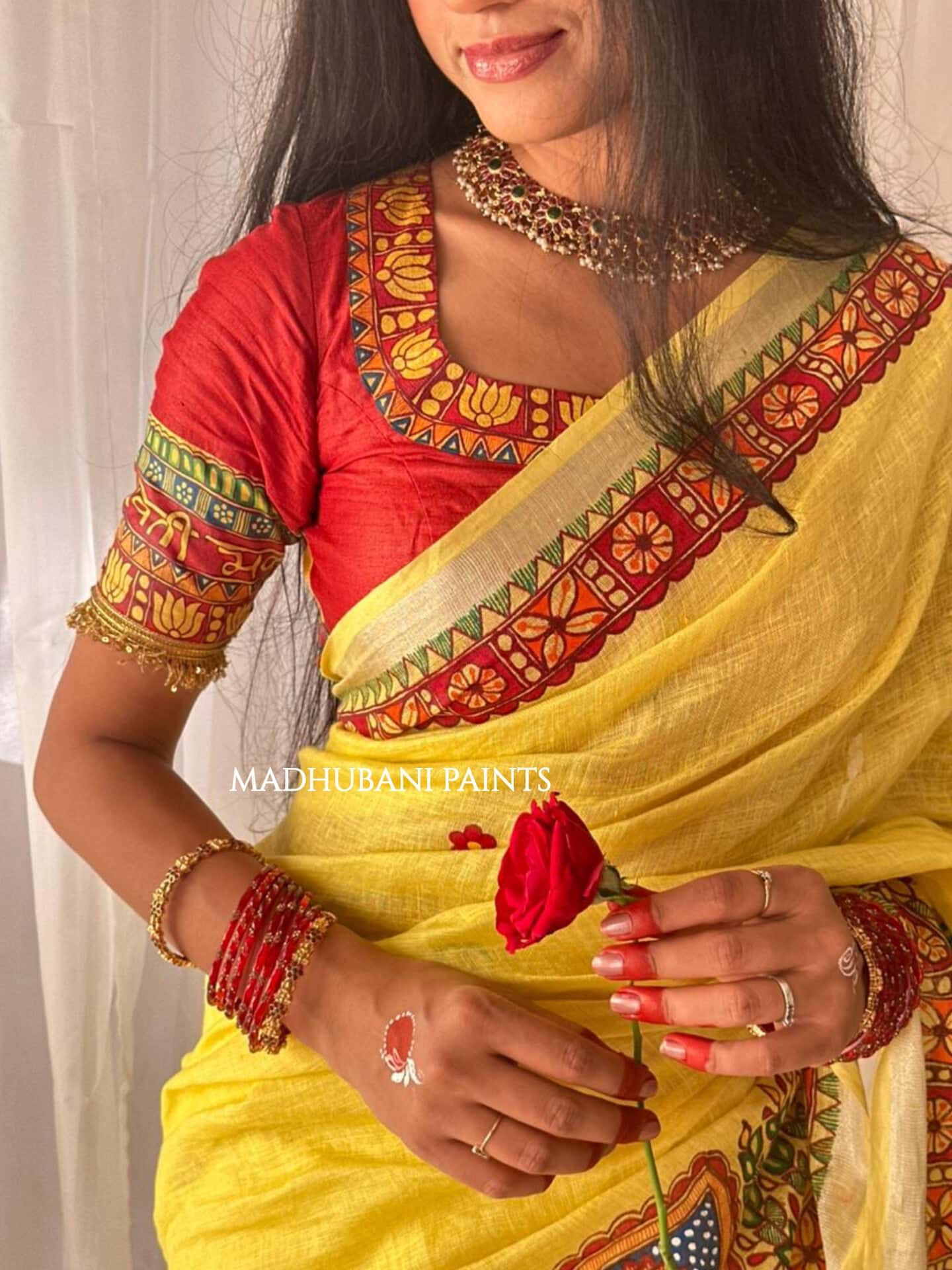 Linen Bridal Hand-painted Madhubani Painting Saree Blouse Set — image 4 of 10