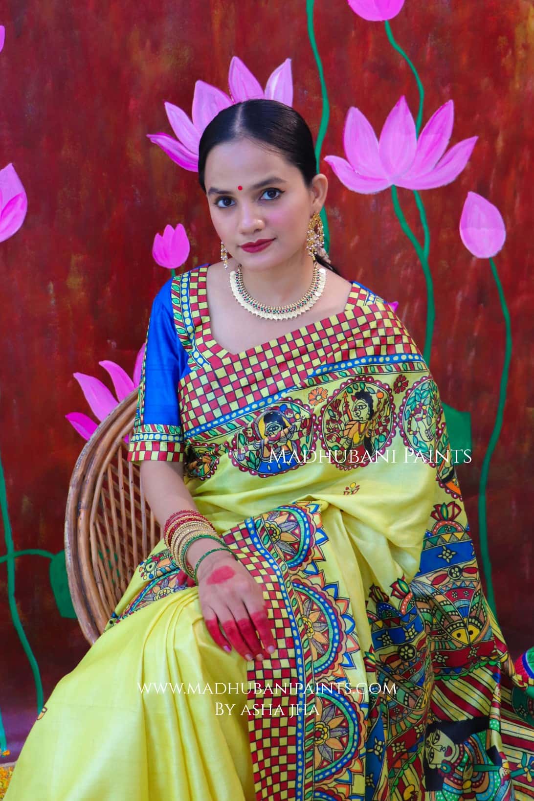 "KAMAKSHI" Handpainted Madhubani Tussar Silk saree blouse set — image 9 of 12