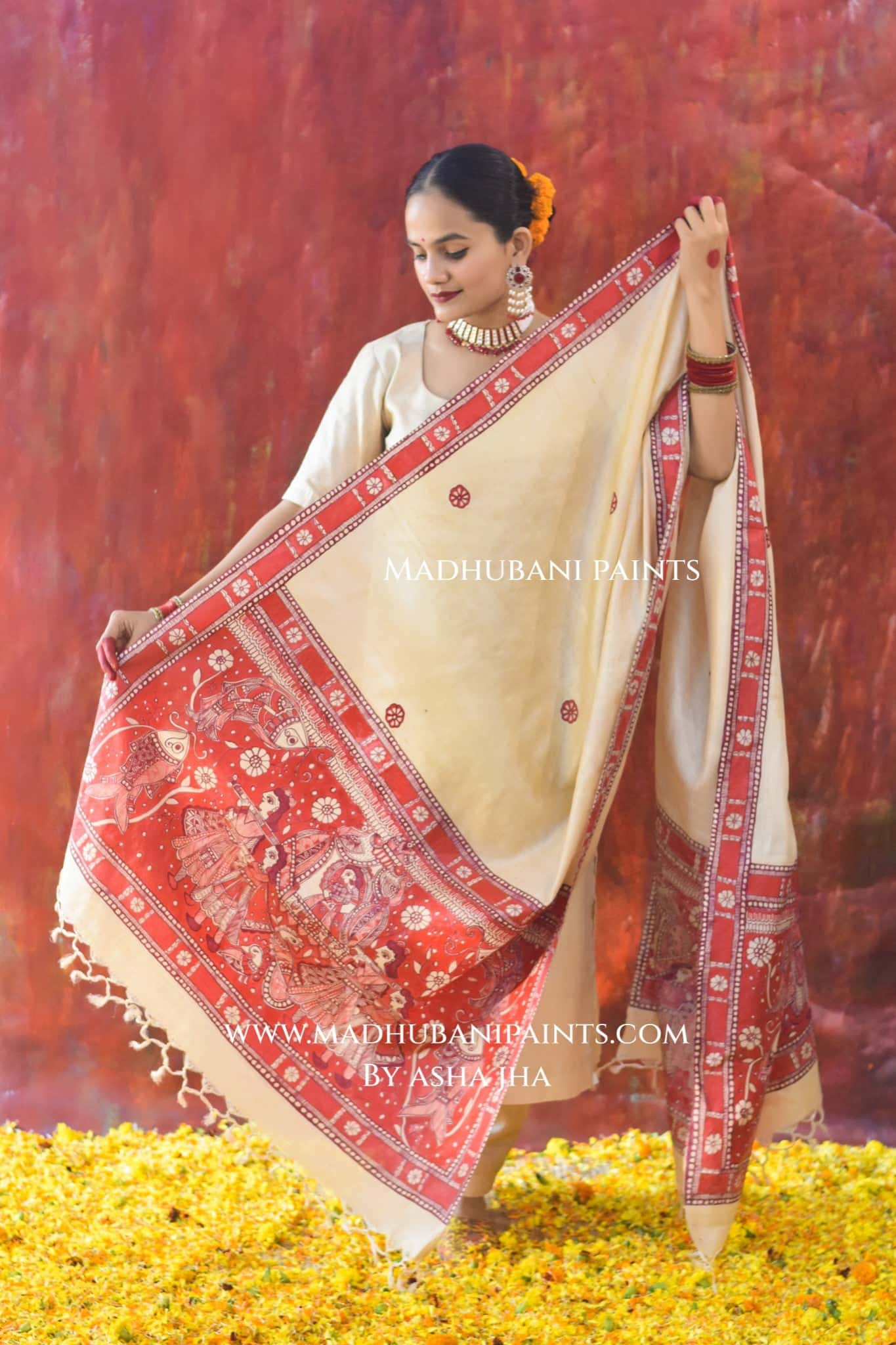 'LAAL DOLI' Handpainted Madhubani Tussar Silk Dupatta — image 6 of 6