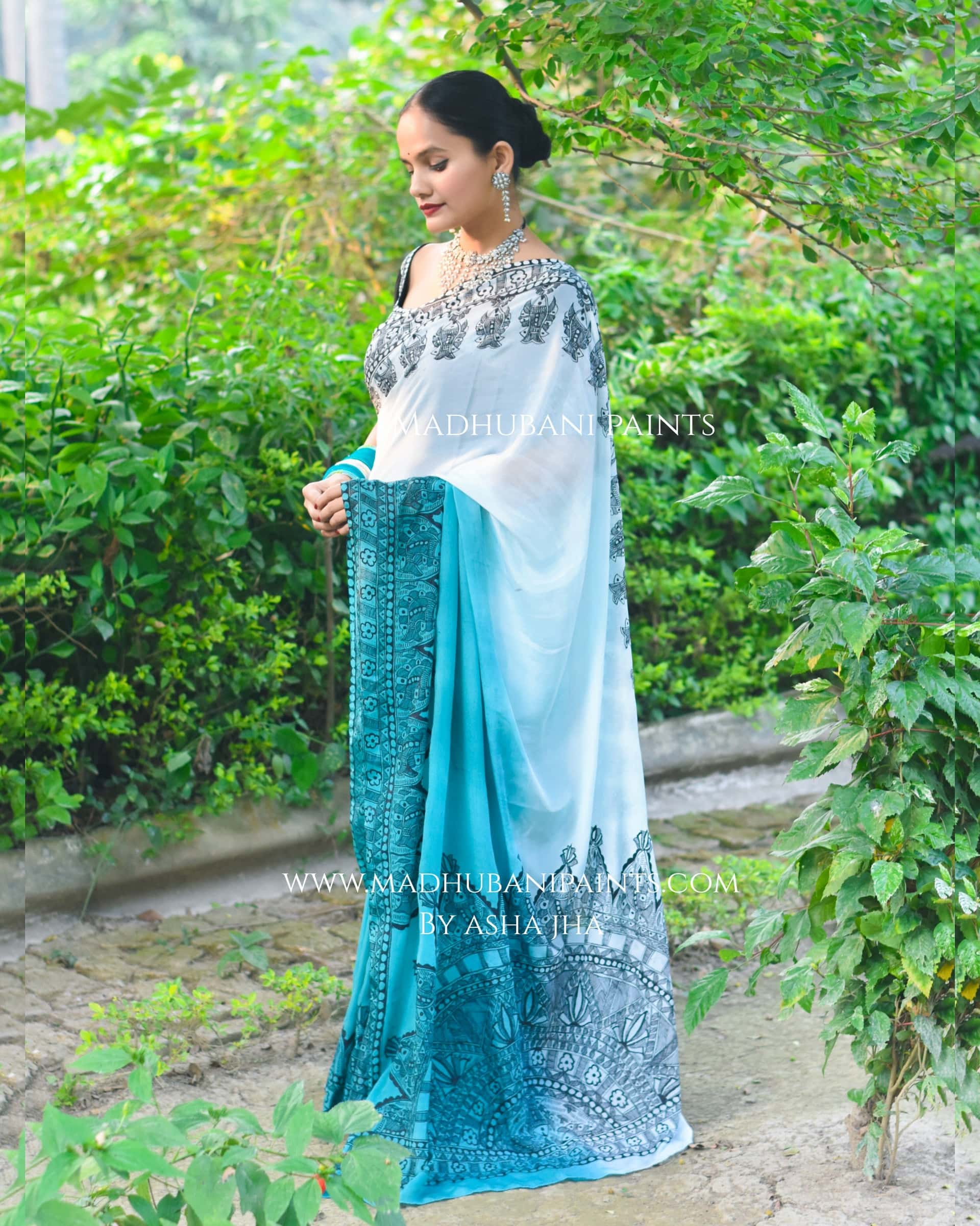 Neel Ujala Hand-painted Madhubani Chiffon Saree Blouse Set — image 2 of 13