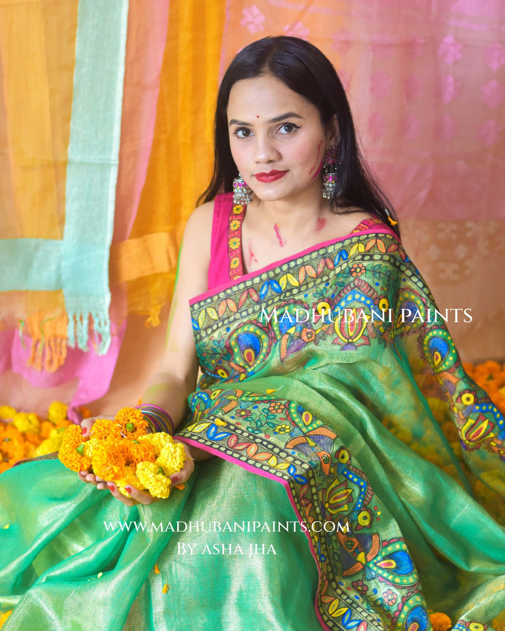 GULAL Hand-painted Madhubani Tissue Linen Saree — image 9 of 9
