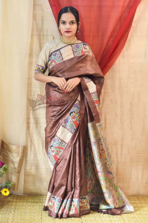 'MITHILA KOHBAR' Handpainted Madhubani Brown Tussar Silk Saree — image 6 of 6