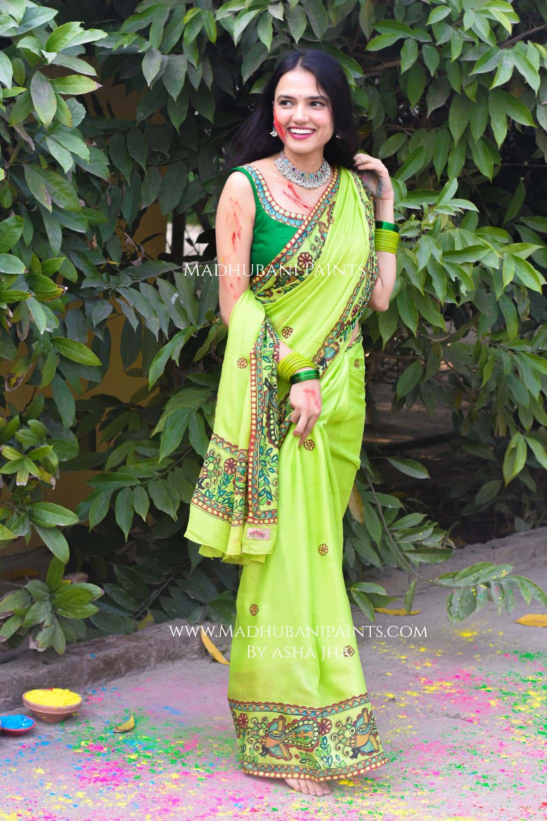 MADHUMAS Hand-painted Madhubani Chiffon Saree Blouse Set — image 2 of 13