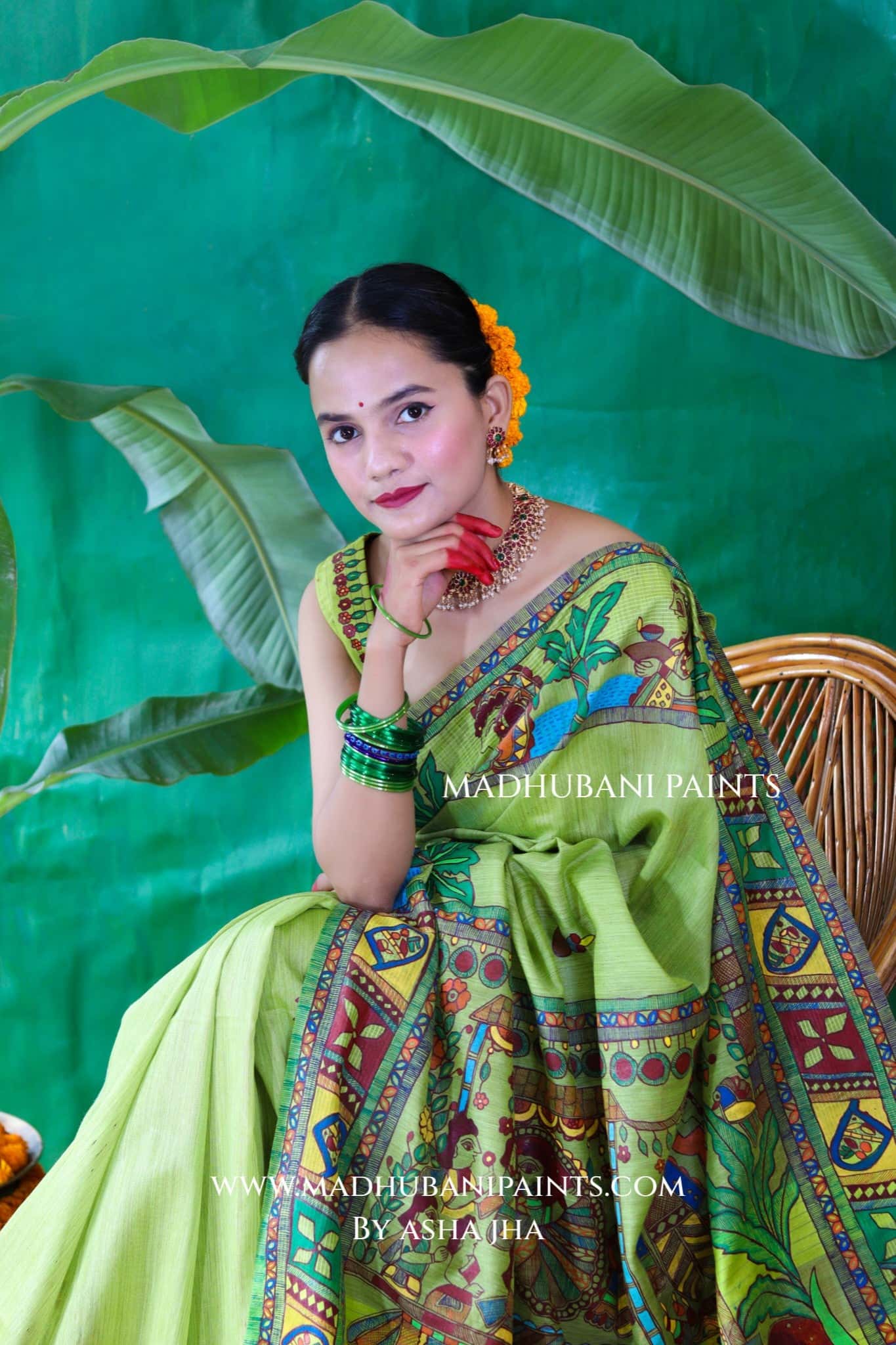 HARIYALI CHHATH Handpainted Madhubani Chanderi Saree Blouse Set — image 4 of 11