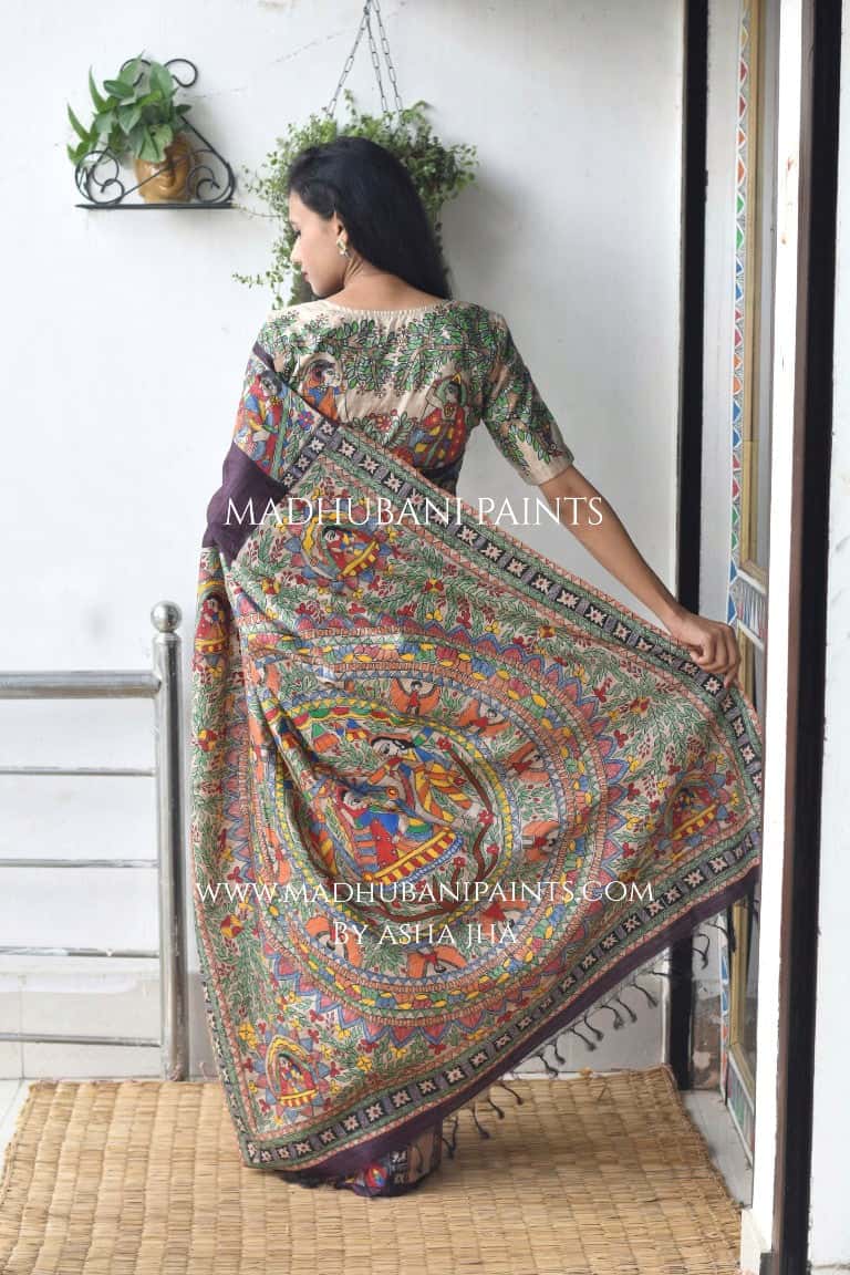 Bidai In Mithila Handpainted Madhubani Painting Saree with stitched blouse — image 2 of 9