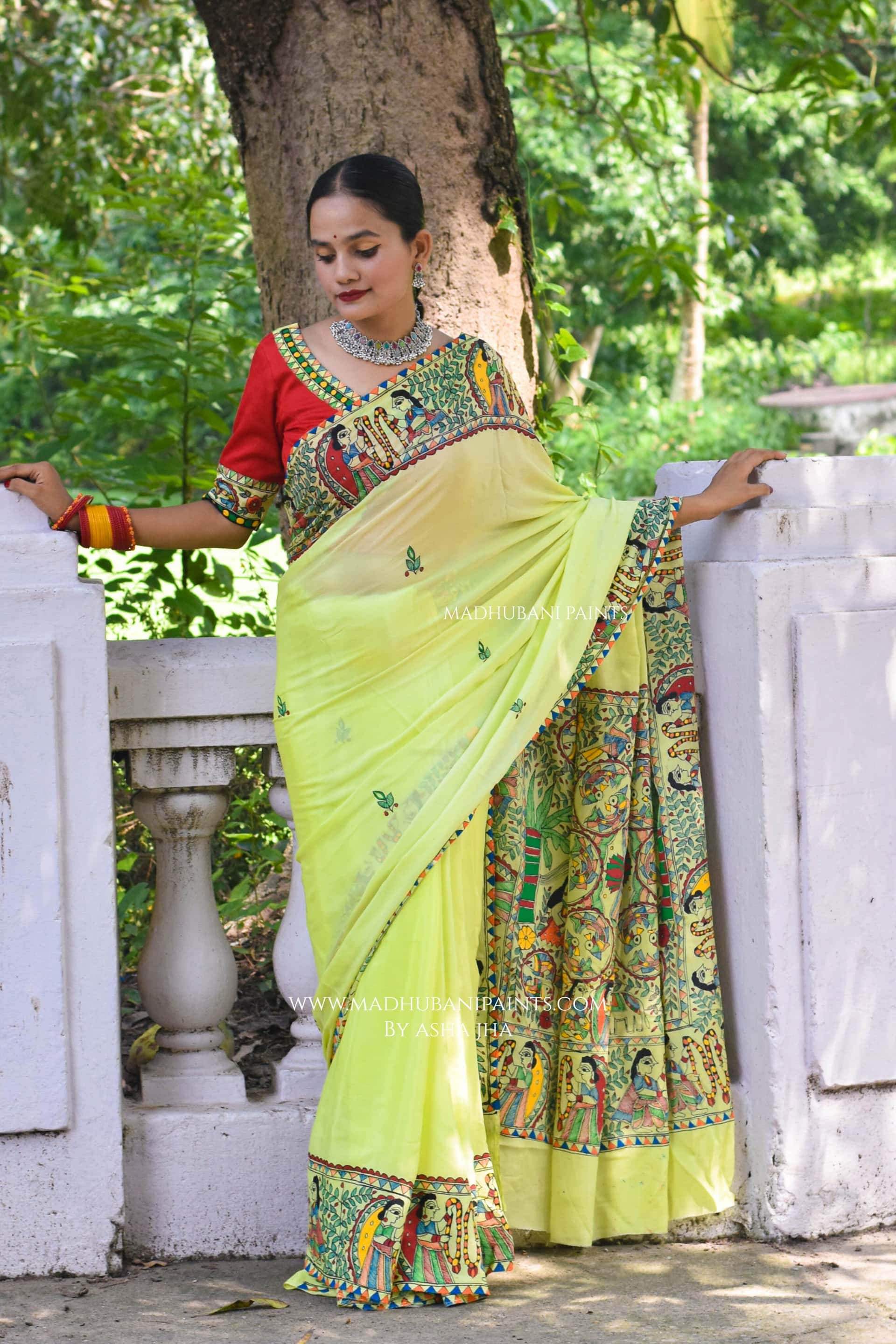 SWAYMBAR Hand-painted Madhubani Chiffon Saree Blouse Set — image 9 of 10