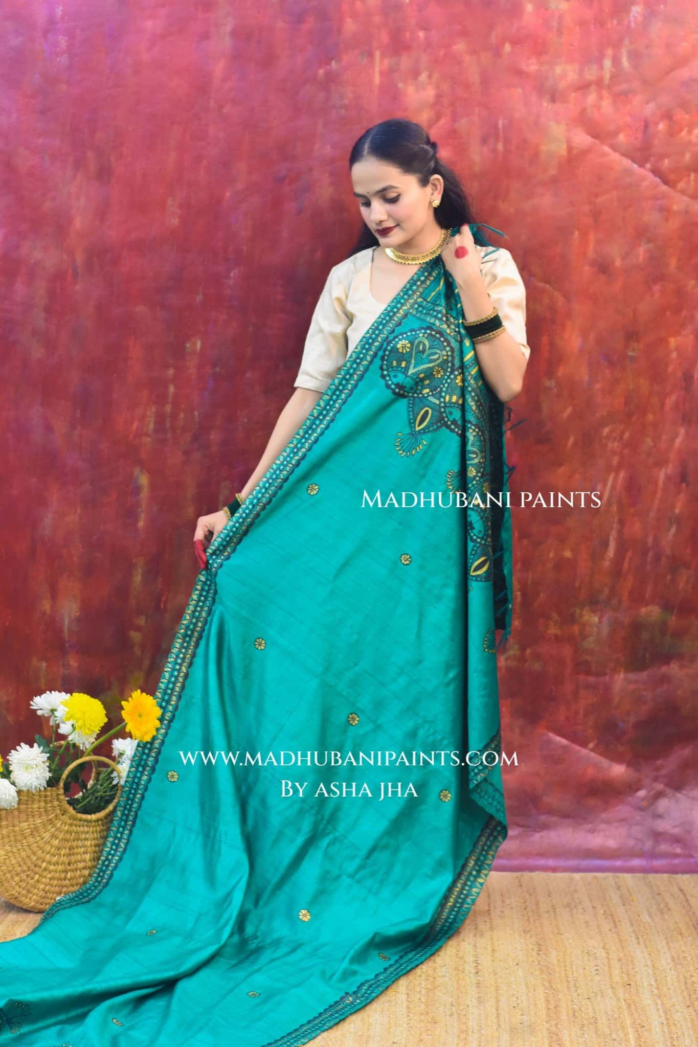 'HARIYALI RANG' Handpainted Madhubani Tussar Silk Dupatta — image 7 of 8