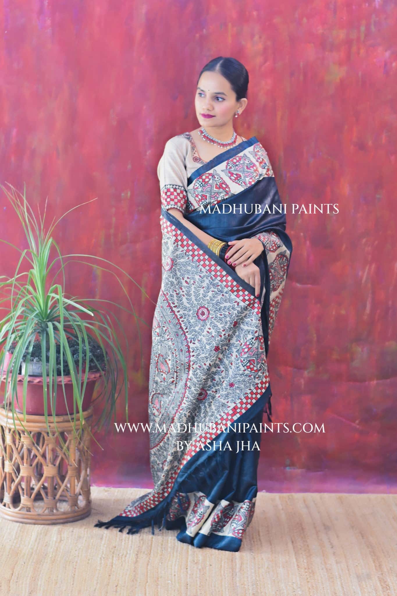 SAMUNDRAMAYI Hand-painted Madhubani Tussar Silk Saree Blouse Set — image 2 of 9