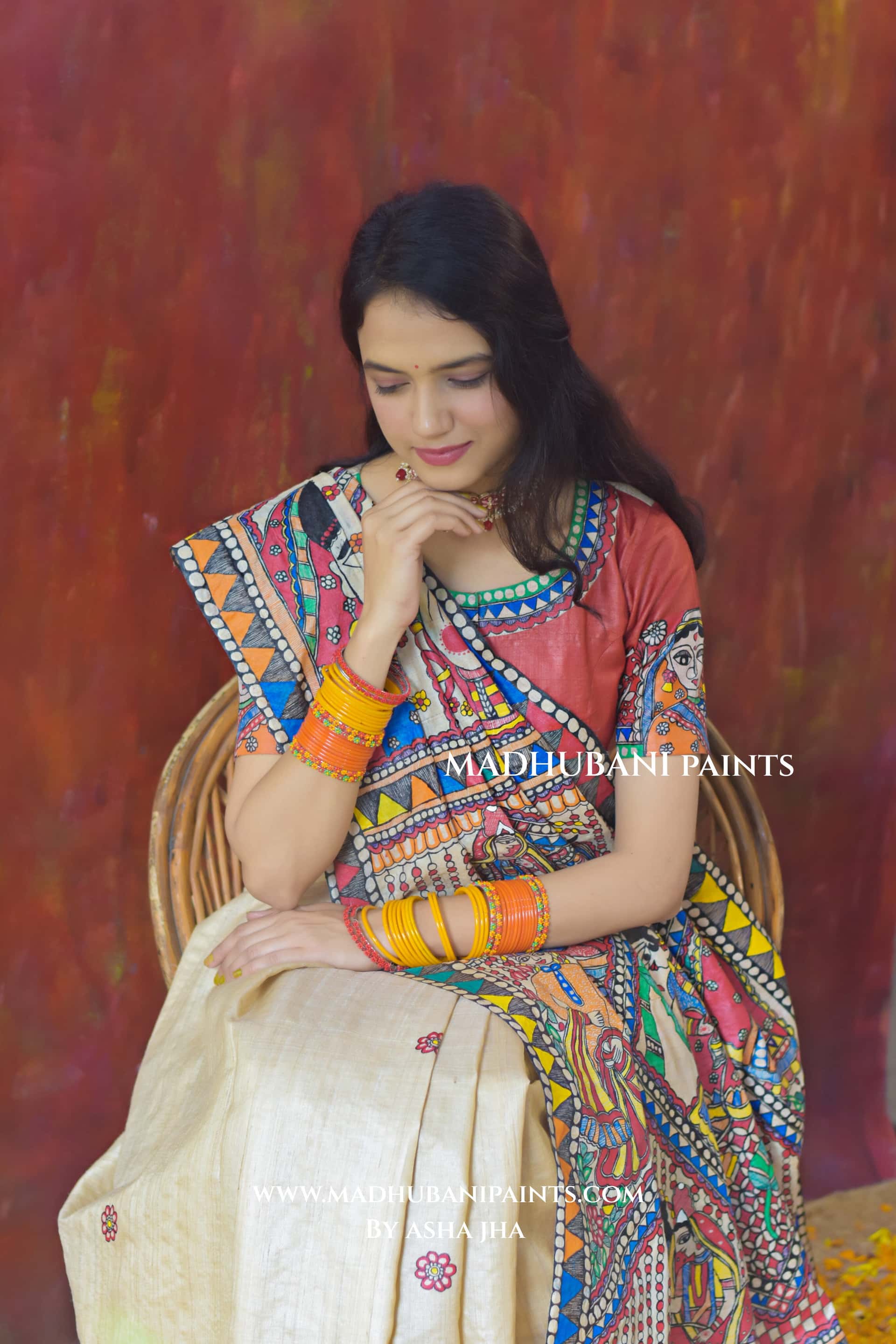 Bengali Vivah Hand-painted Madhubani Tussar Silk Saree Blouse Set — image 3 of 7