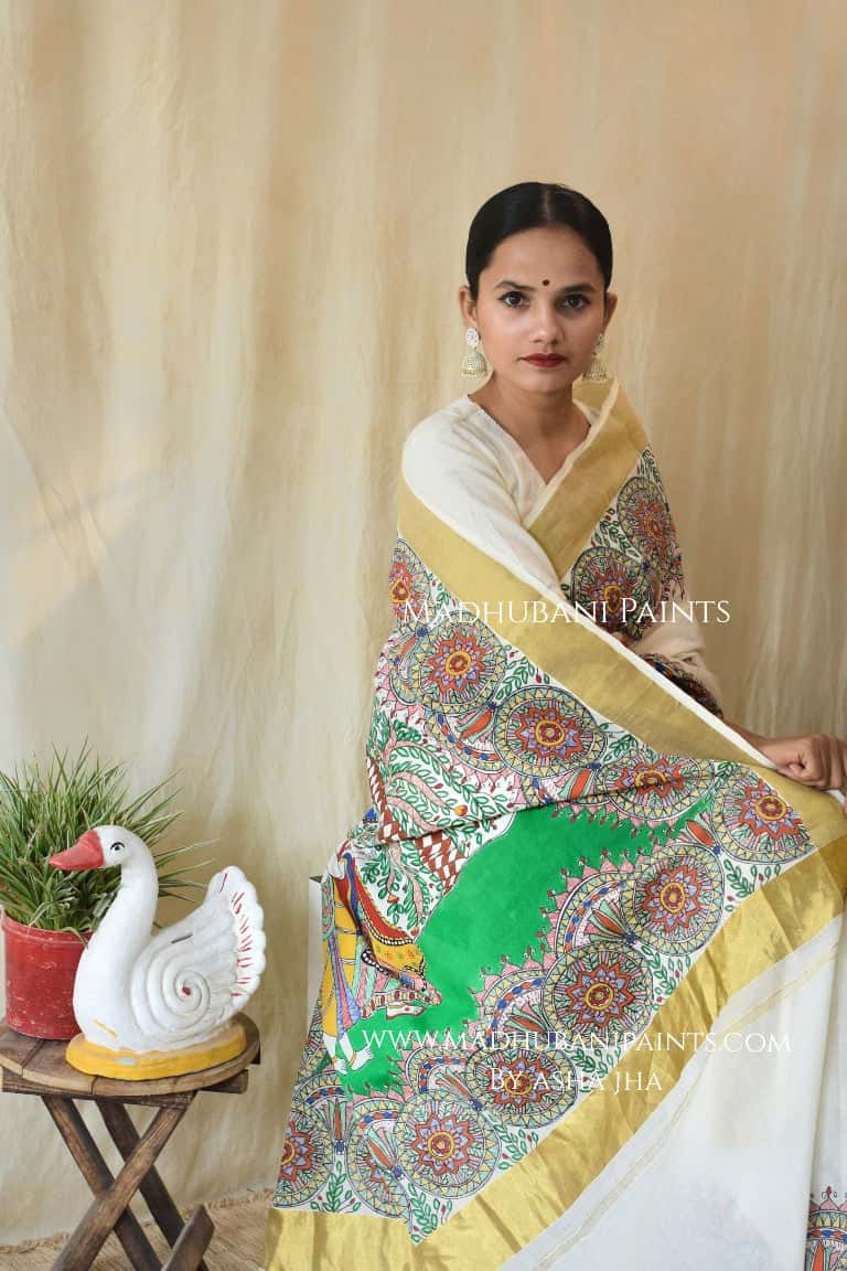 'VRINDAVAN KRISHNA' Handpainted Madhubani Cotton Saree — image 5 of 7