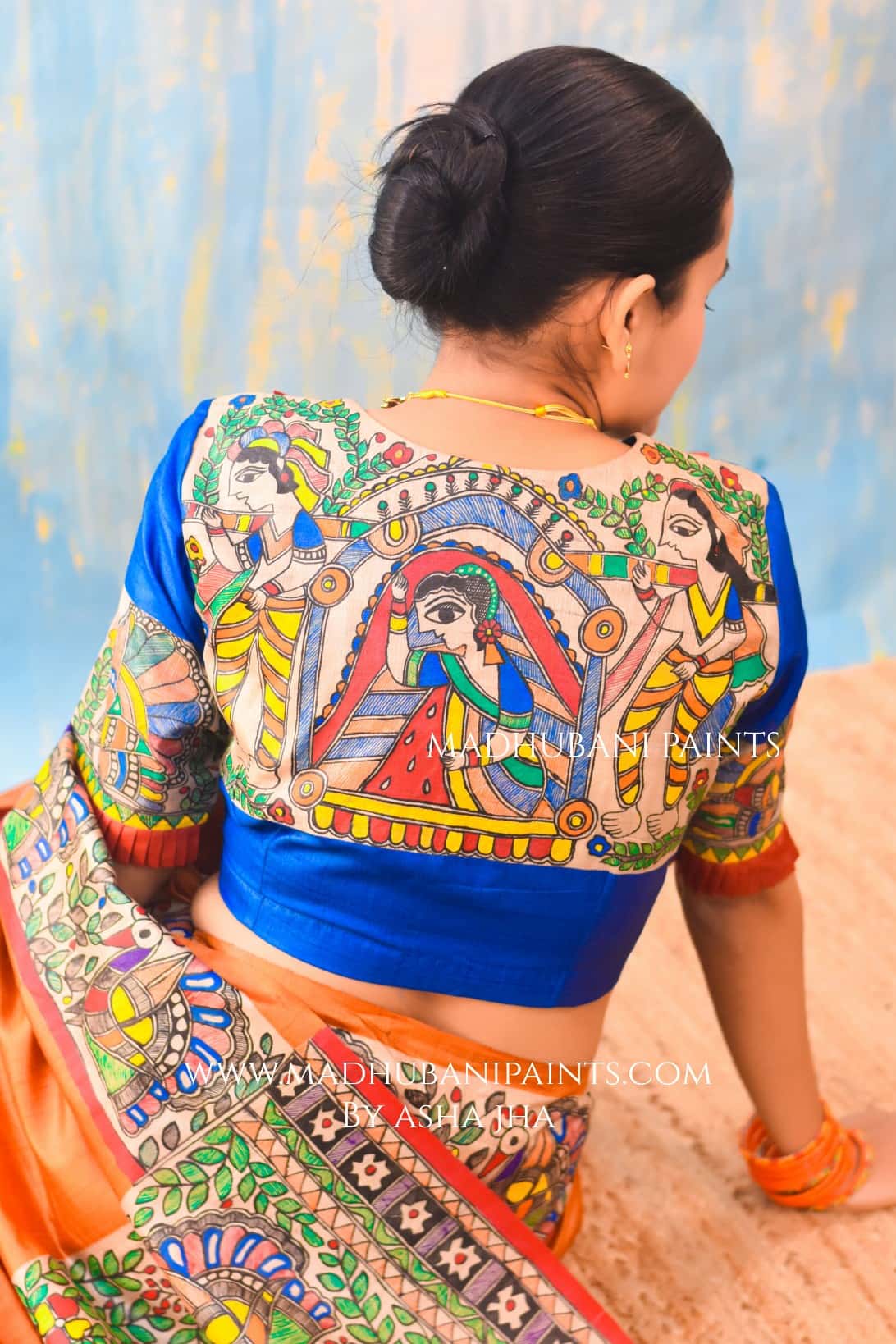 'NARANGI DOLI' Hand Painted  Madhubani Tussar Silk Saree Blouse Set — image 4 of 8