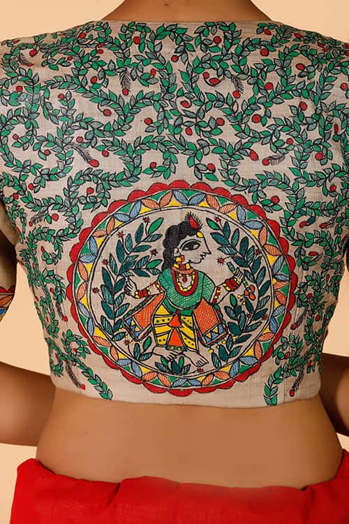 'Krishna' Handpainted Madhubani Tussar silk Blouse — image 4 of 9