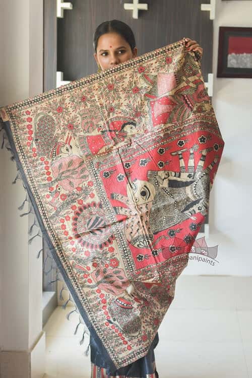 Maa Durga Tussar Madhubani Black Handpainted Saree — image 2 of 4