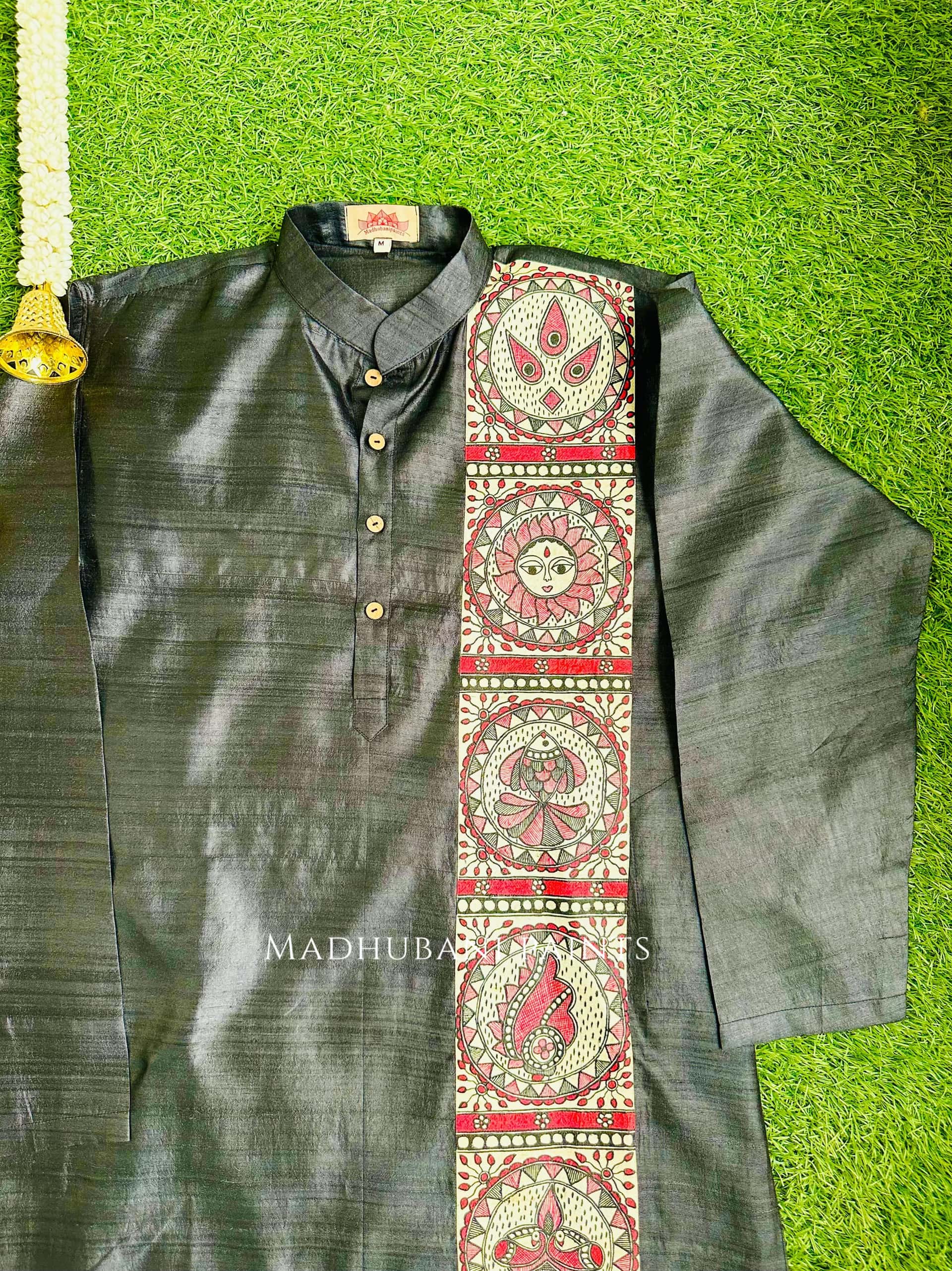 MADHUMATI Hand-painted Beige Madhubani Men's Tussar Silk Kurta — image 3 of 4