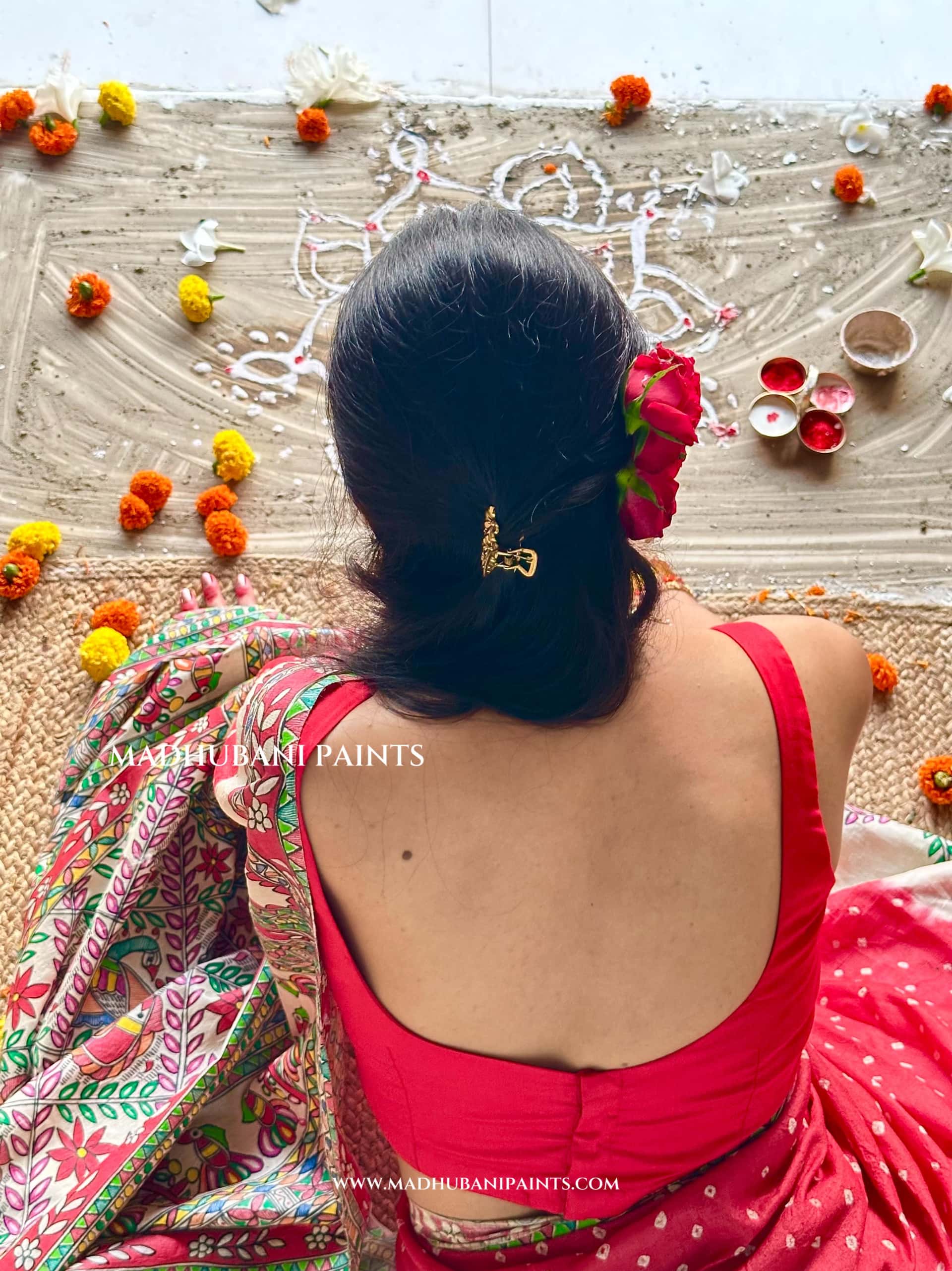 GULAB Handpainted Tussar Silk Bandhini Madhubani Saree — image 4 of 10