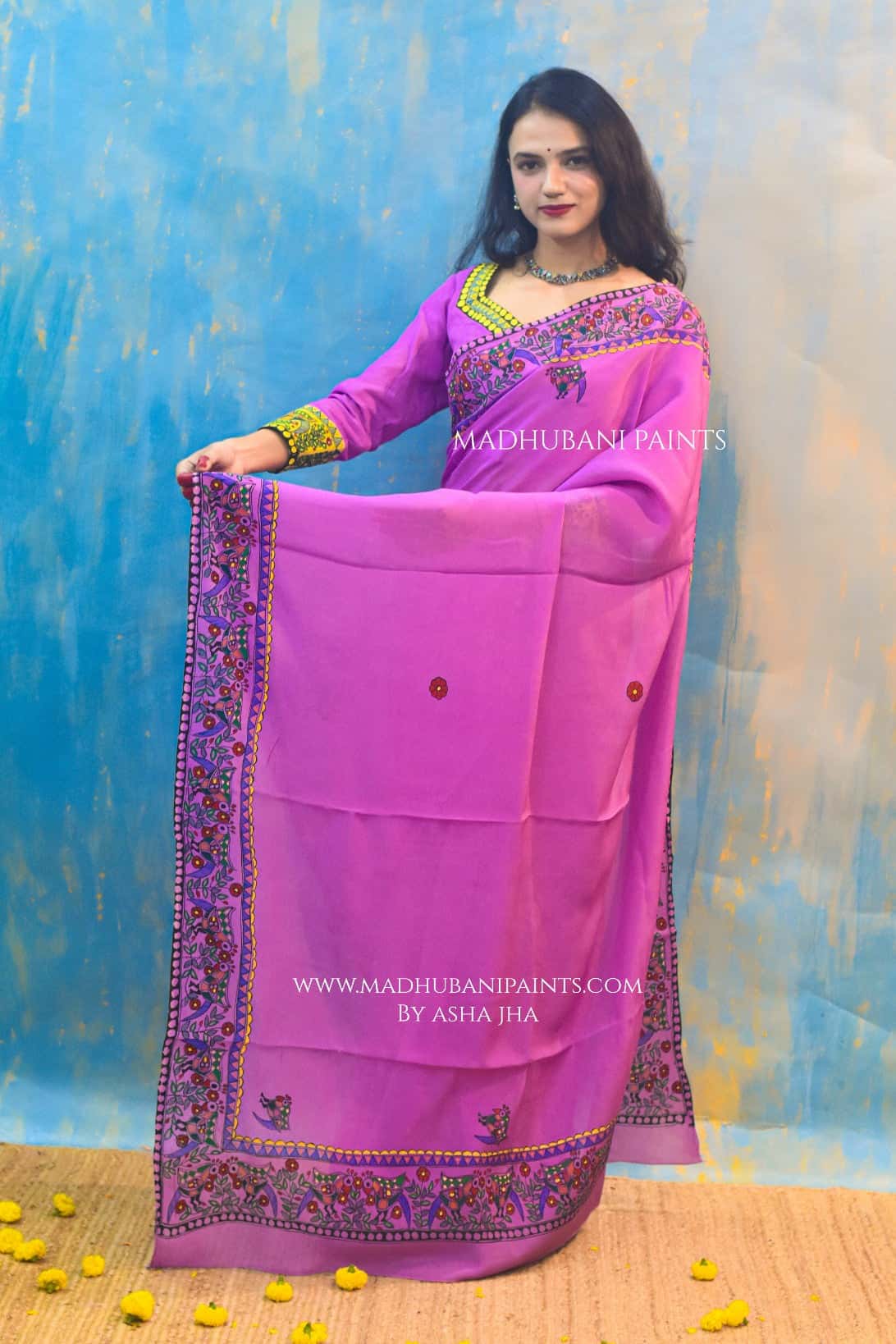 Baigani Mor Hand-painted Madhubani Chiffon Saree — image 4 of 5