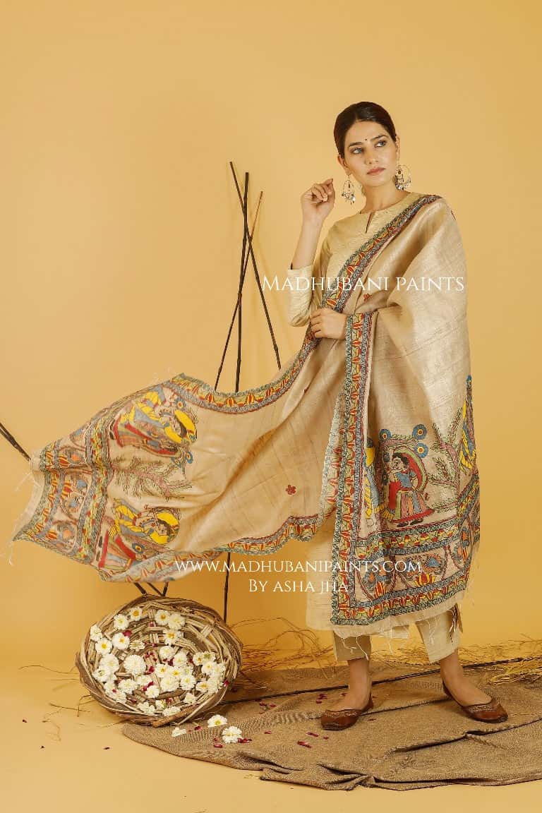 Radha Krishna Love Madhubani Handpainted Pure Handwoven Tussar Silk Dupatta — image 2 of 3