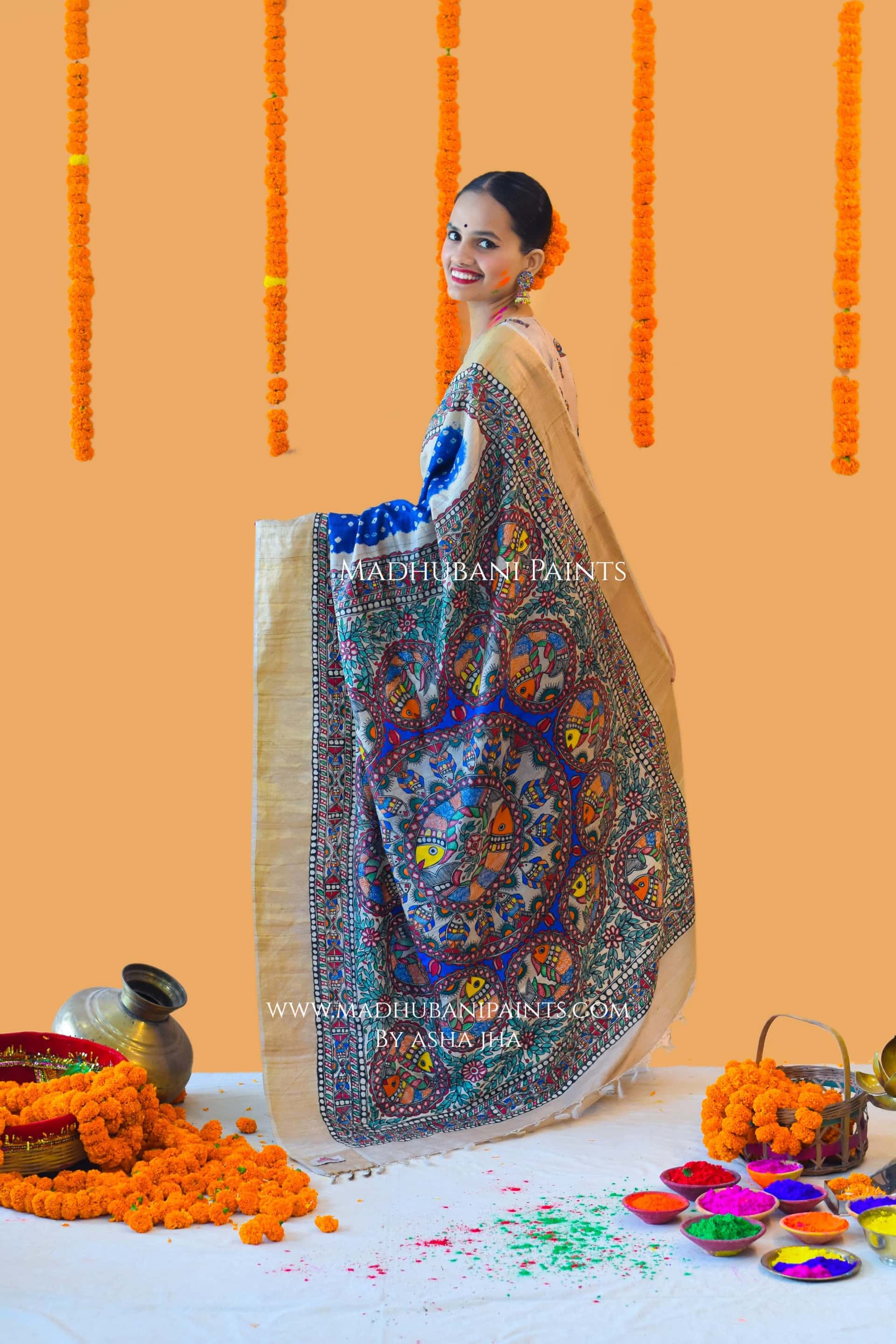 MATSYANGANA Hand-painted Bandhini Madhubani Tussar Silk Saree — image 3 of 6