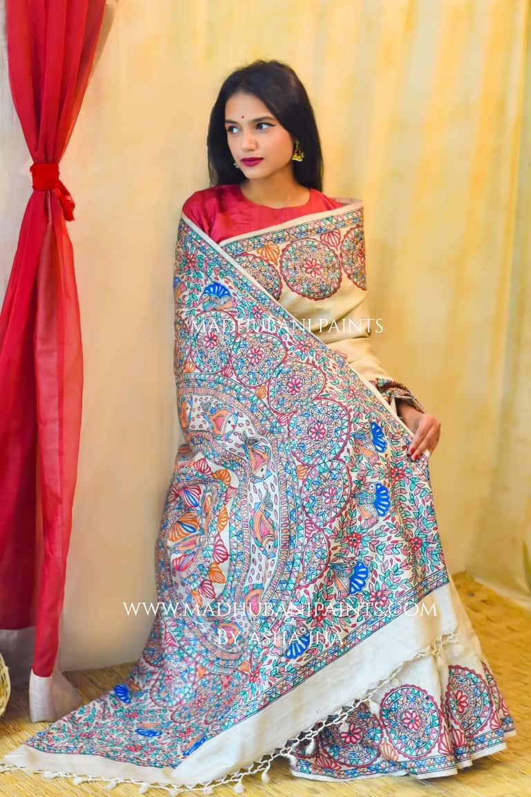 'MATSYA NRITYA'  Handpainted Madhubani Tussar Silk Saree — image 4 of 8