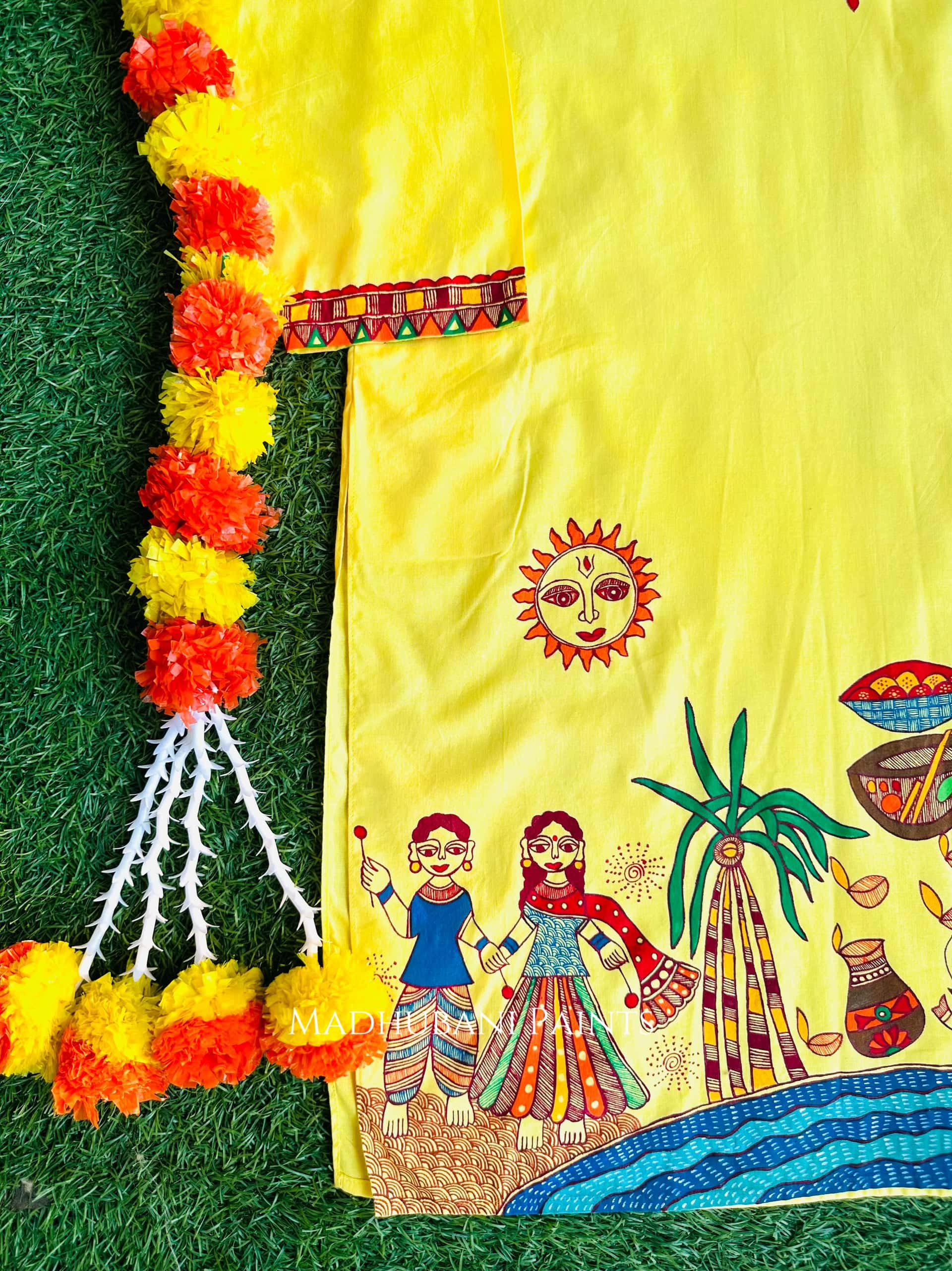 Yellow Chhath Puja Hand-painted  Madhubani Men's Cotton Kurta — image 2 of 8