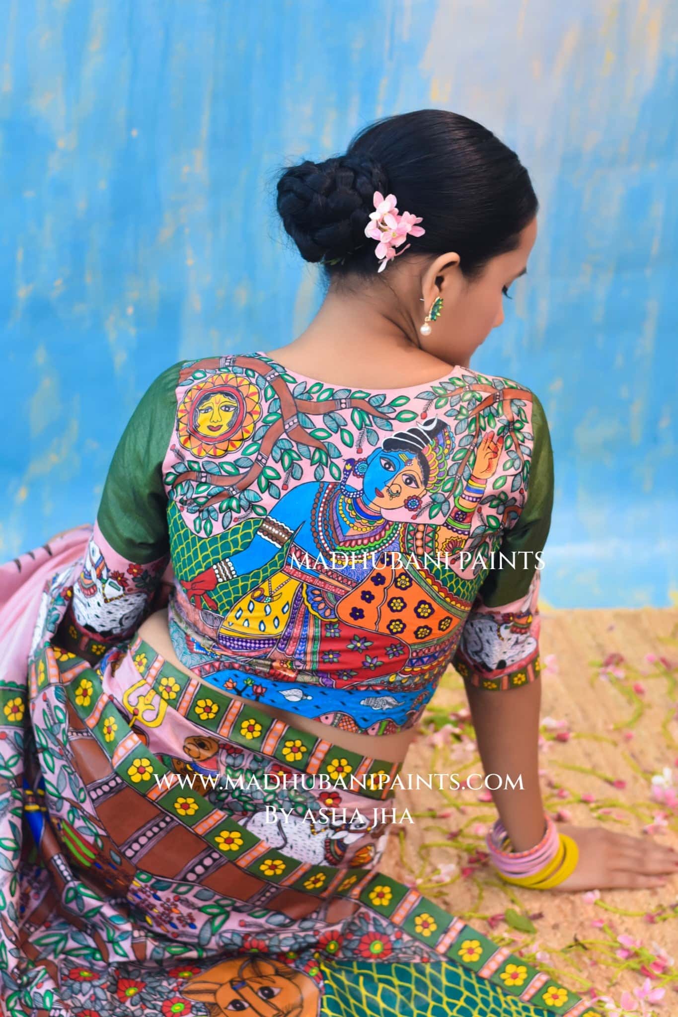 UMAMAHESHWAR ARDHNARISHWAR Hand-painted Madhubani Tussar Silk Saree Blouse Set — image 5 of 10