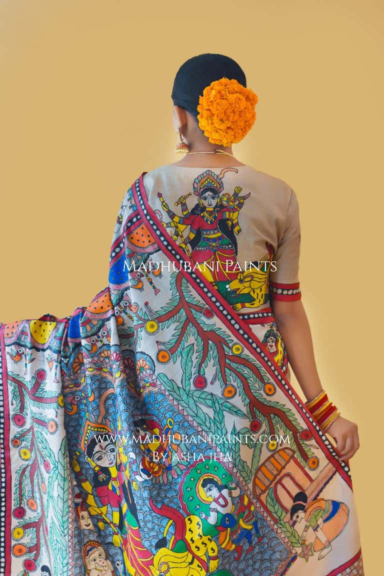 'SHAKTI' Handpainted Madhubani Tussar Silk Saree — image 6 of 10