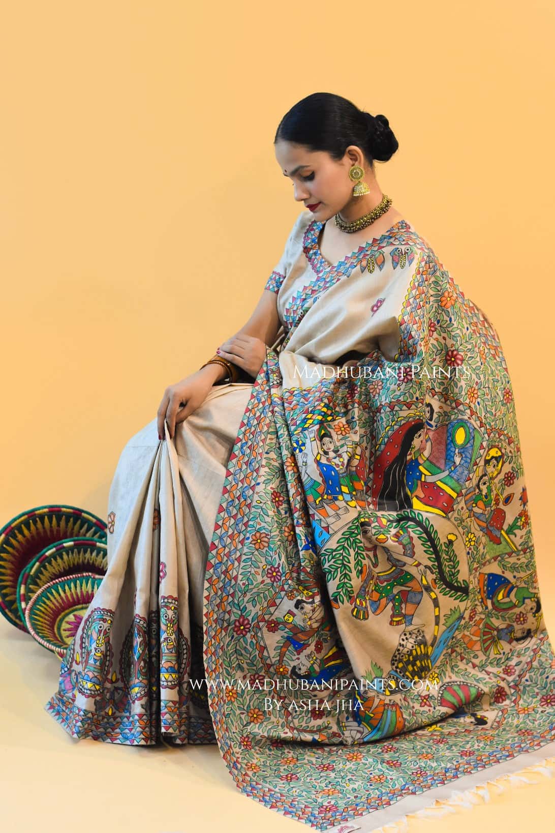 'PYAARE KANHA' Handpainted Madhubani Tussar Silk Saree Blouse set — image 4 of 8
