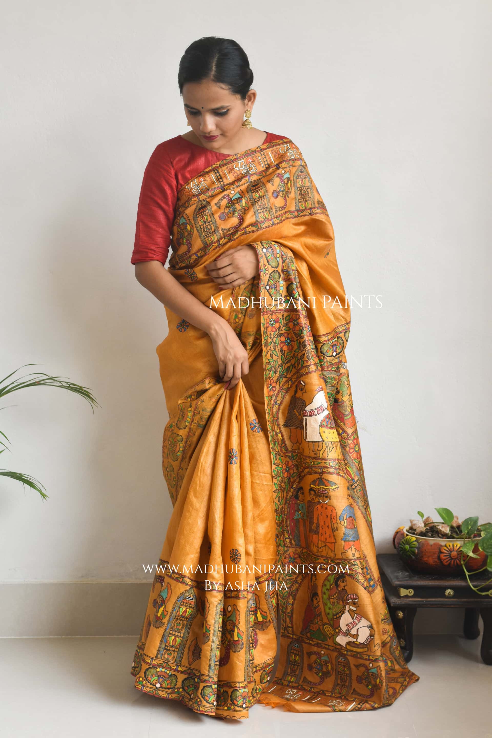 'SAI BABA' Handpainted Madhubani Tussar Silk Saree — image 3 of 8
