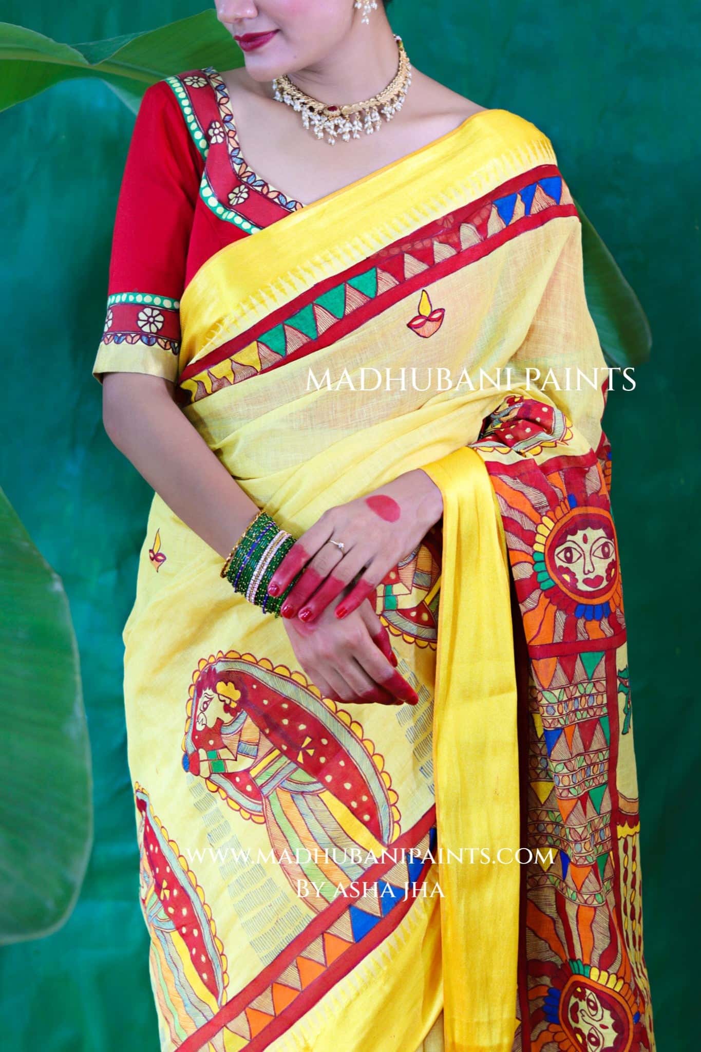 Chhath Puja Handpainted Madhubani Handloom Cotton Saree — image 6 of 9