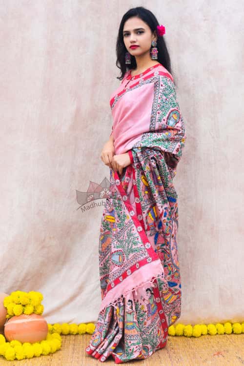 'GULABI DOLI' Handpainted Madhubani Tussar Silk Saree — image 6 of 6