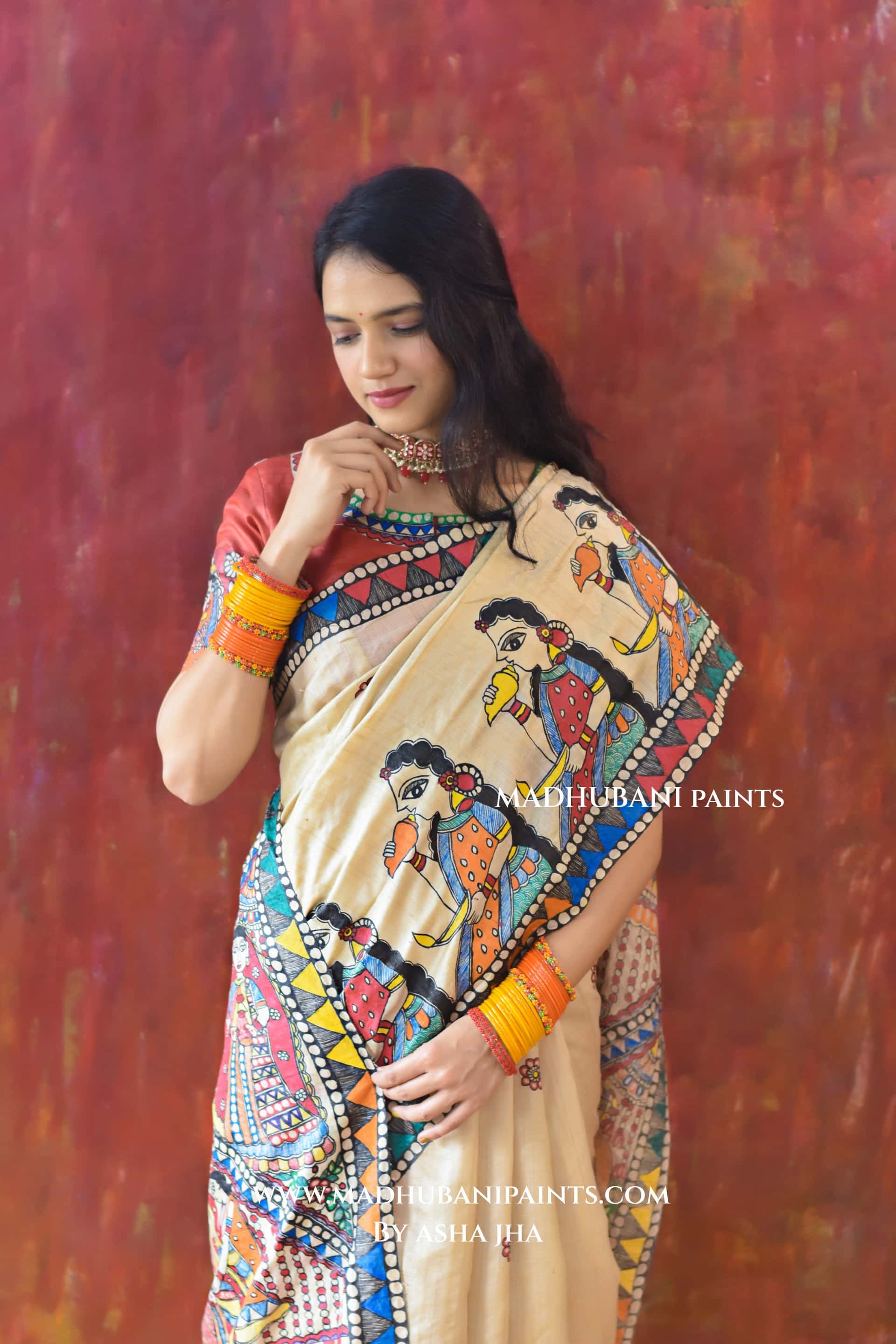 Bengali Vivah Hand-painted Madhubani Tussar Silk Saree Blouse Set — image 6 of 7