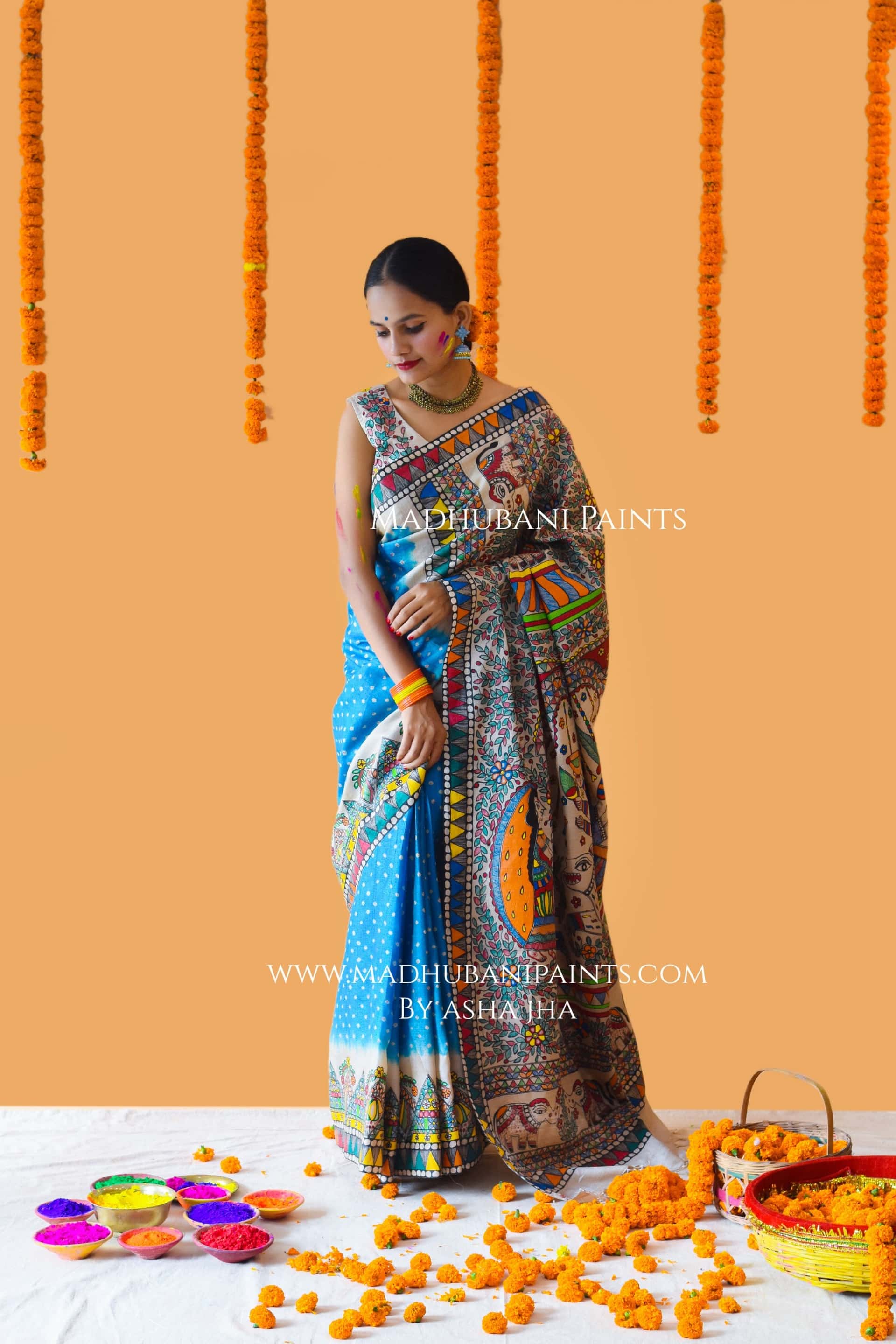 VANDURGA Hand-painted Madhubani Bandhini Saree Blouse Set — image 3 of 11
