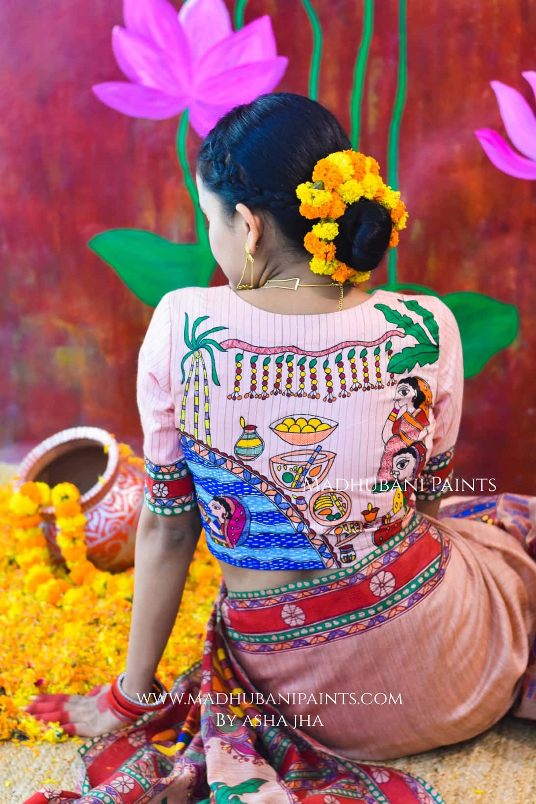 VRAT VARDHINI Chhath Puja Handpainted Madhubani Chanderi Saree Blouse Set — image 5 of 9