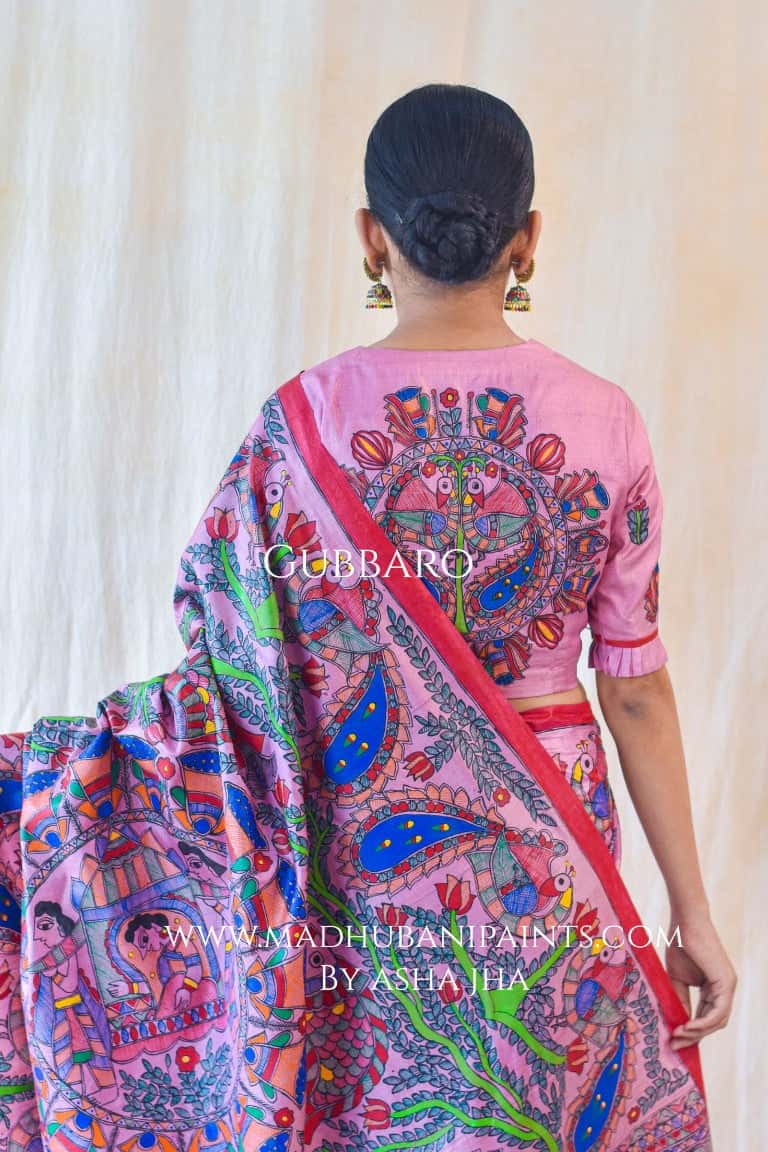 GULABI MAYURI DOLI Madhubani Painting Saree Blouse set — image 6 of 9