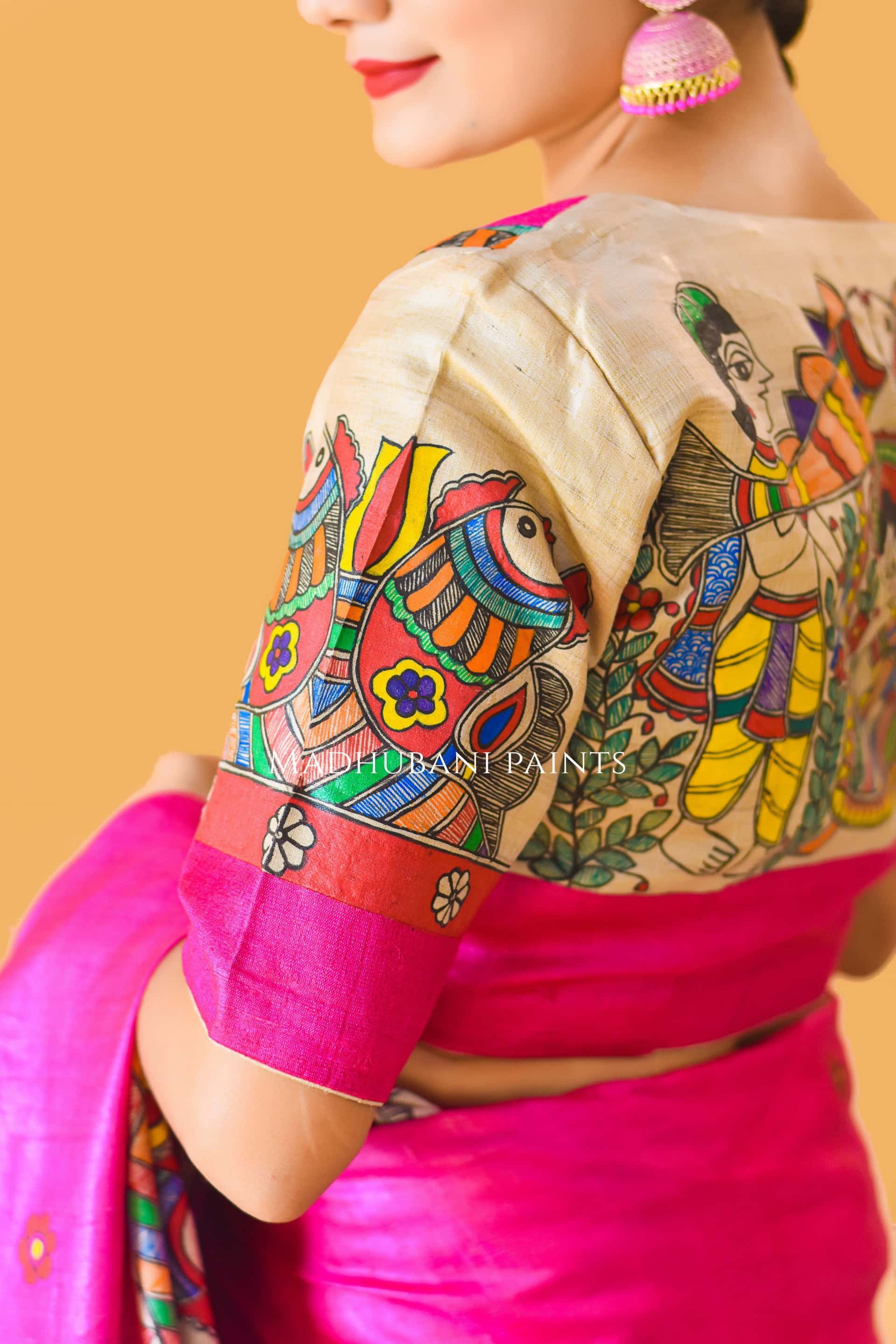 PAVAN VIVAAH Hand-painted Madhubani Tussar Silk Saree Blouse Set — image 3 of 11