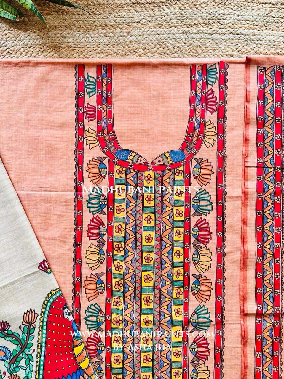 Gopiyaa Kamal  Hand-painted Madhubani Painting Cotton Unstitched Kurta Pant Dupatta Set — image 2 of 3