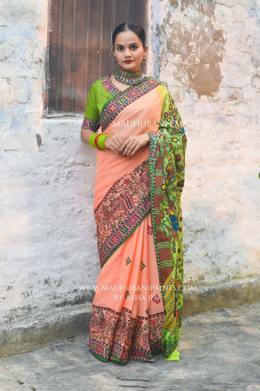 Radha Raman Prem Manjari Hand-painted Madhubani Chiffon Saree — image 3 of 6