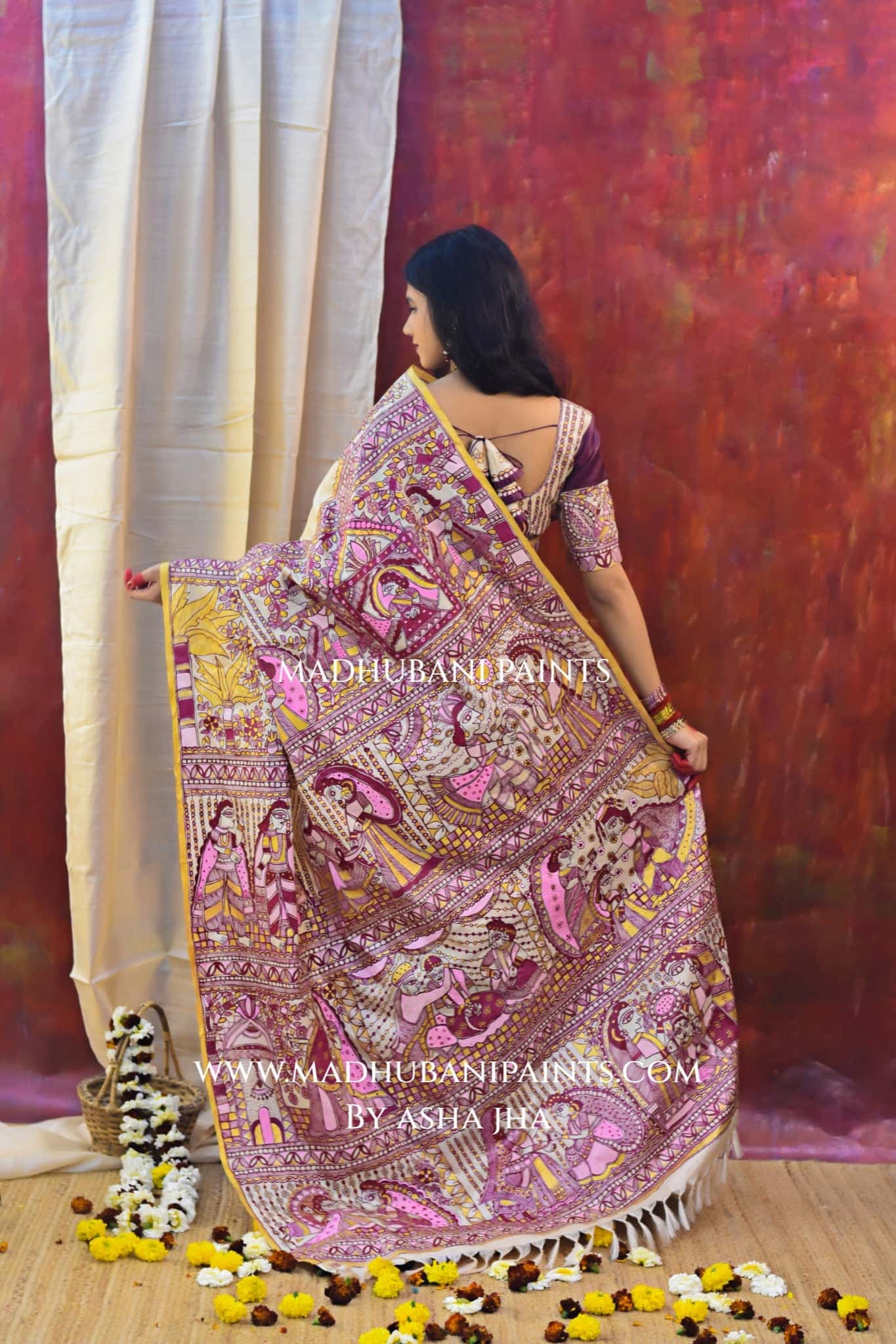 SUHAGIN Hand-painted Madhubani Tussar Silk Saree Blouse Set