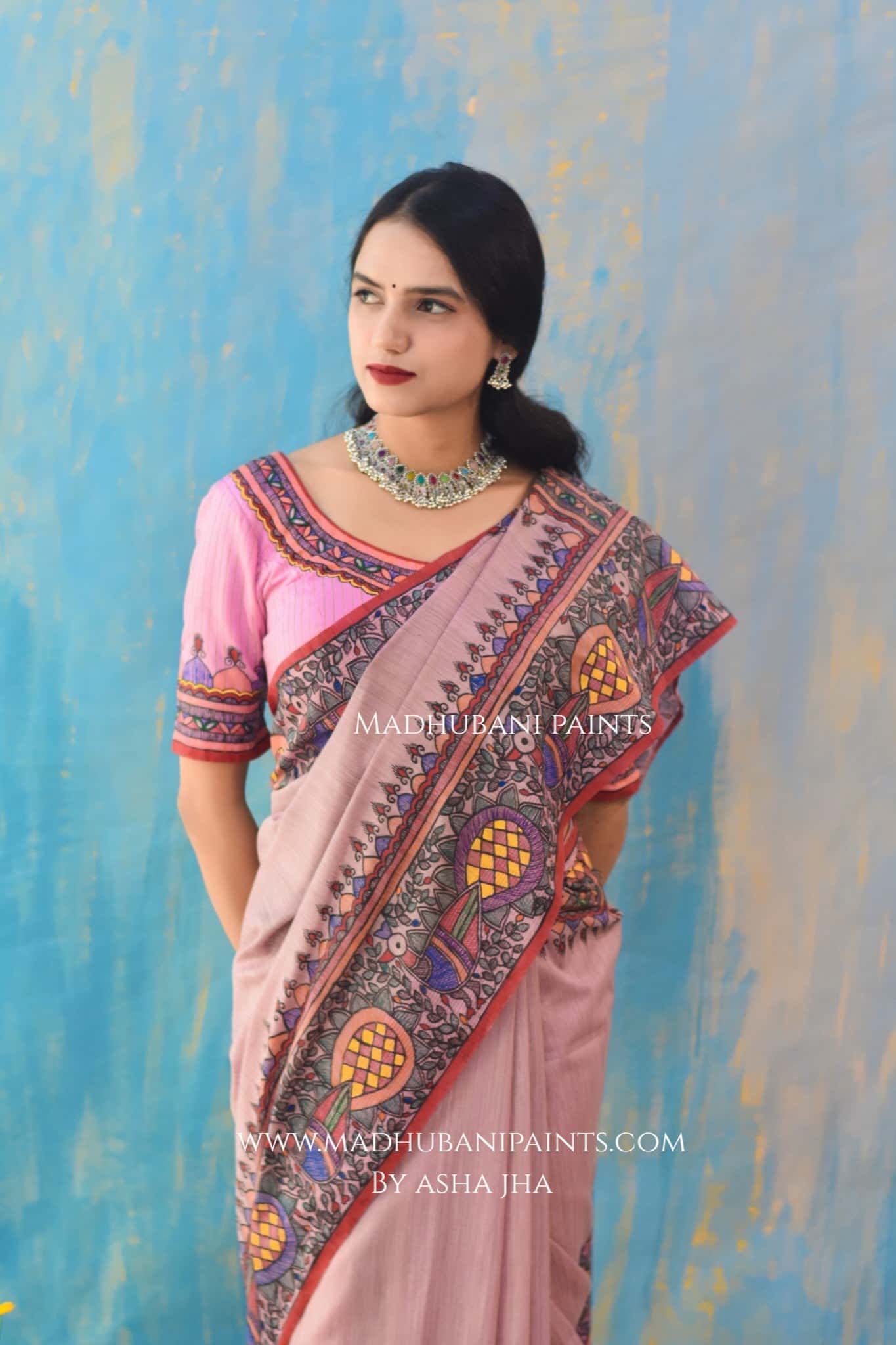 "Gulabi Ramayan" Hand-painted Madhubani Chanderi Saree — image 5 of 8