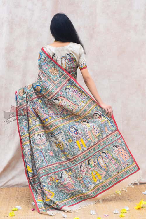 'RAMAYANA' Handpainted Madhubani Tussar Silk Saree Blouse Set — image 3 of 8
