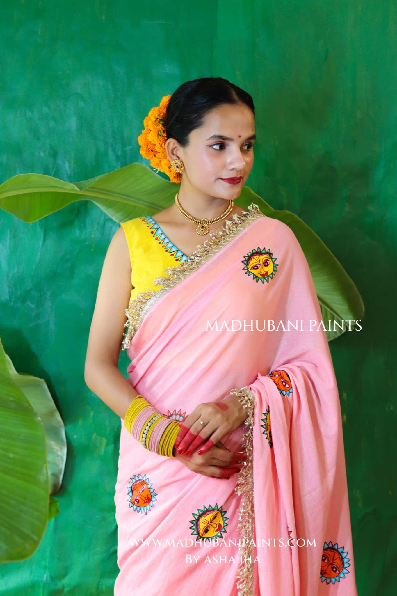 SURYA Chhath Puja Handpainted Madhubani Cotton Saree Blouse Set — image 4 of 11