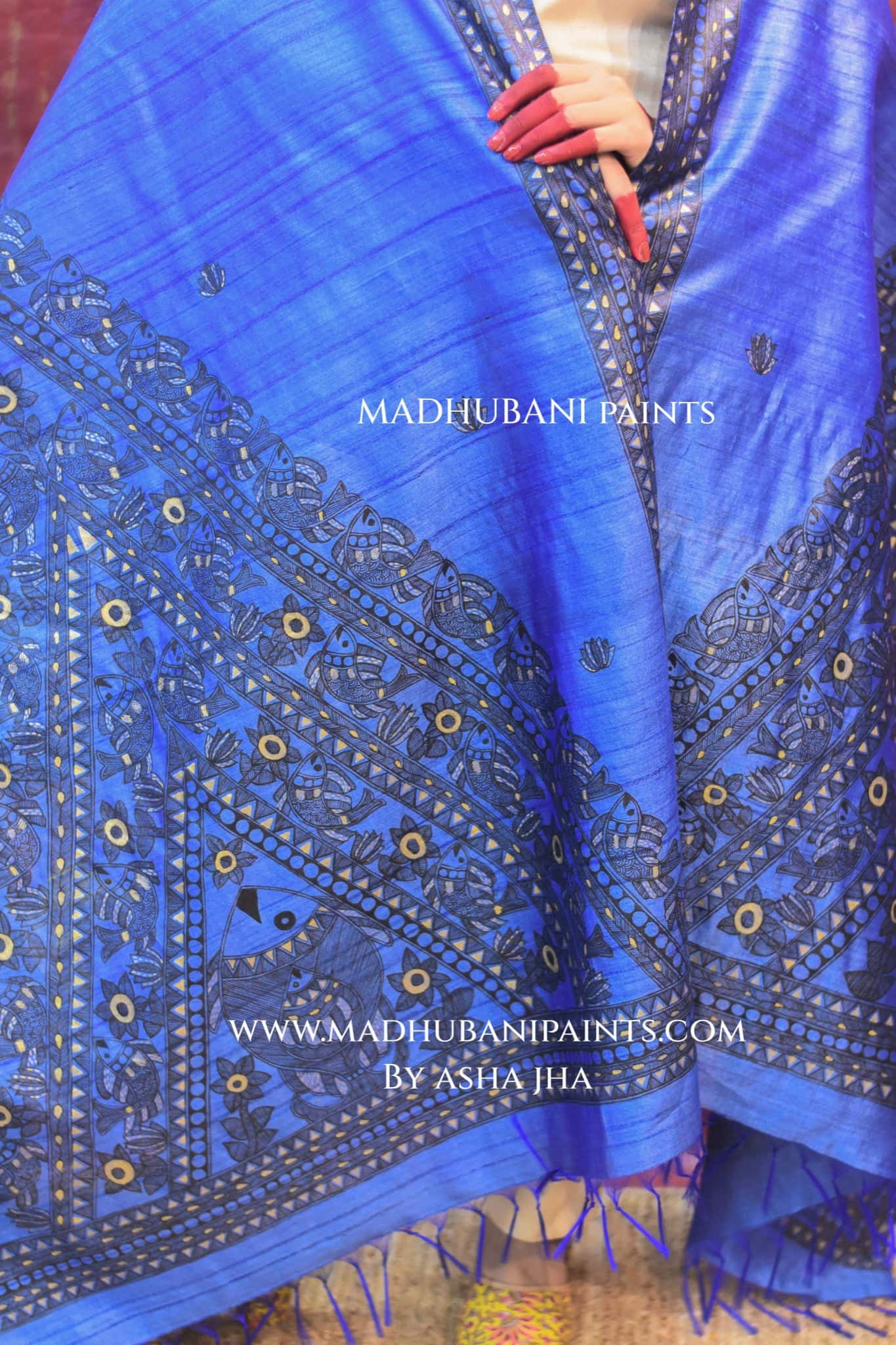 'NEEL SURMAI RANG' Handpainted Madhubani Tussar Silk Dupatta — image 6 of 6