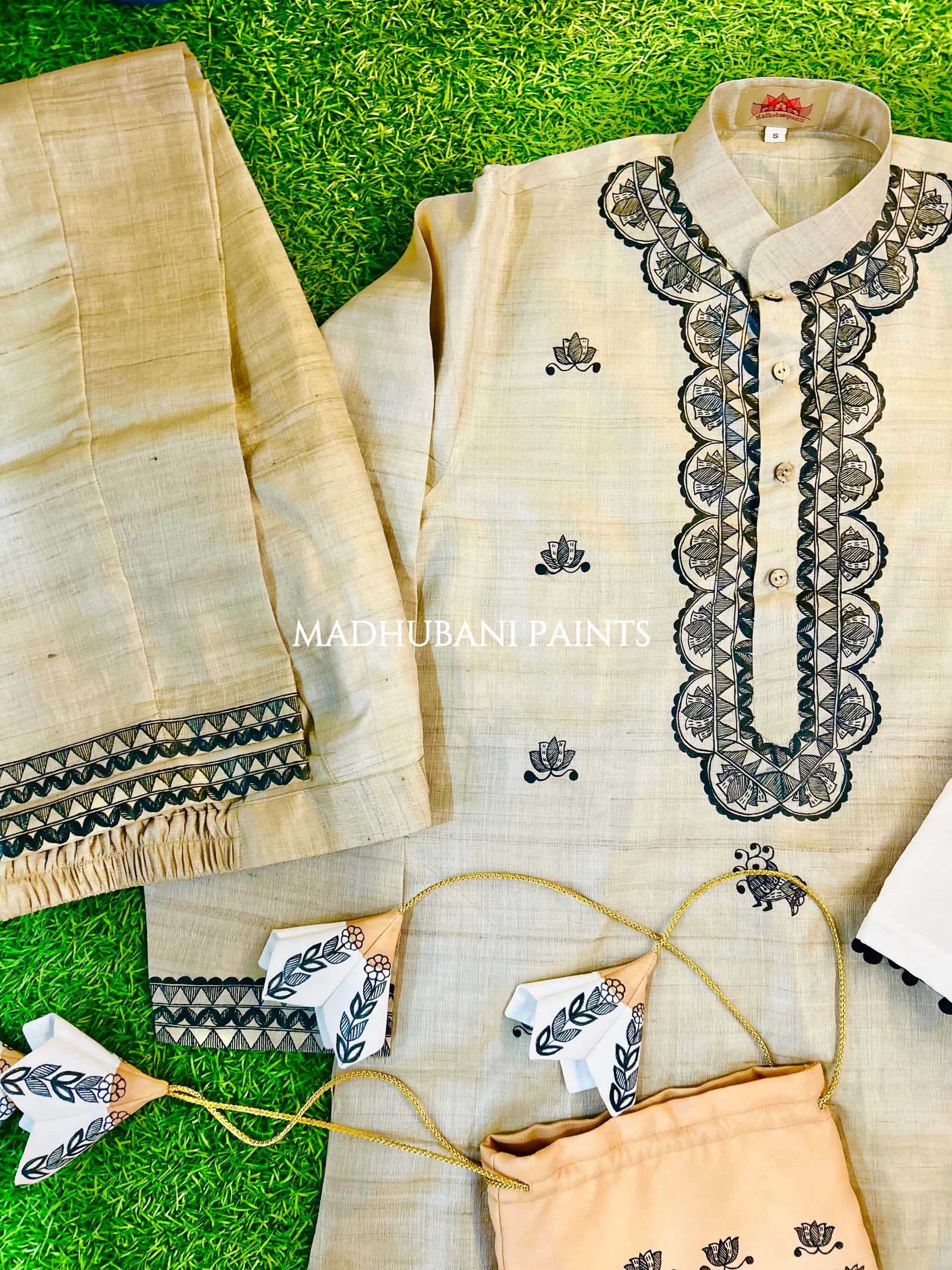 PANKHI Hand-painted Madhubani Men's Tussar Silk Kurta — image 3 of 5