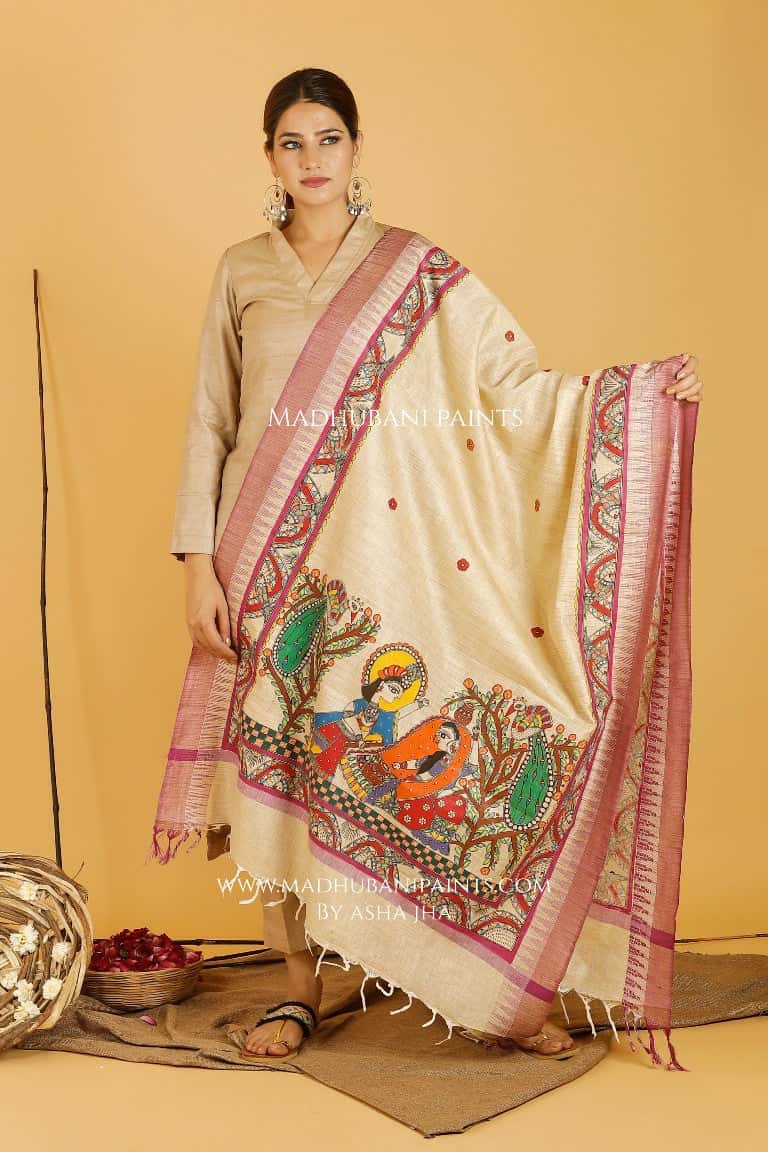 Krishna Radha Leela Madhubani Handpainted Pure Handloom Cotton Dupatta — image 3 of 5