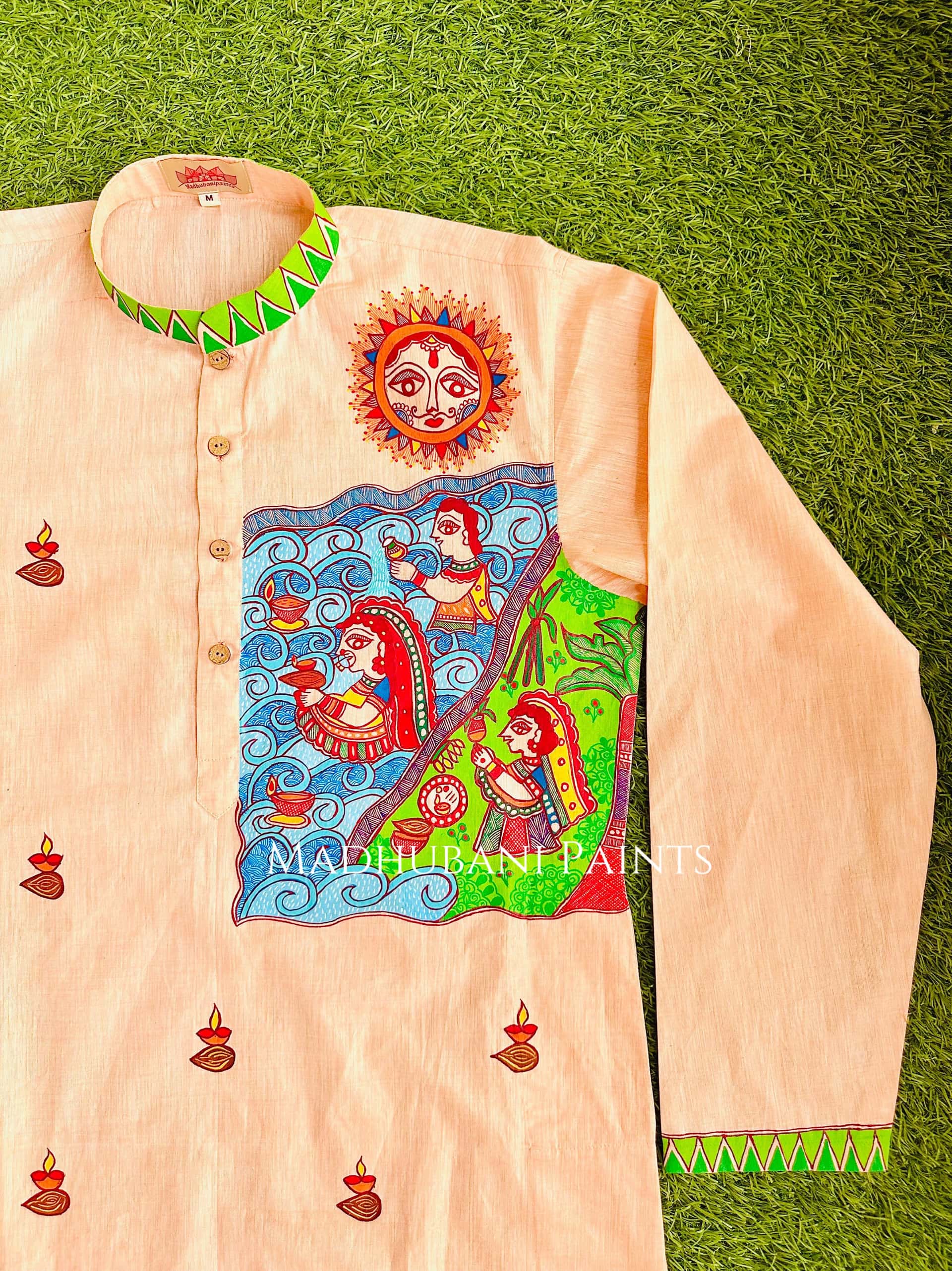 Peach Chhath Puja Hand-painted  Madhubani Men's Cotton Kurta — image 5 of 6